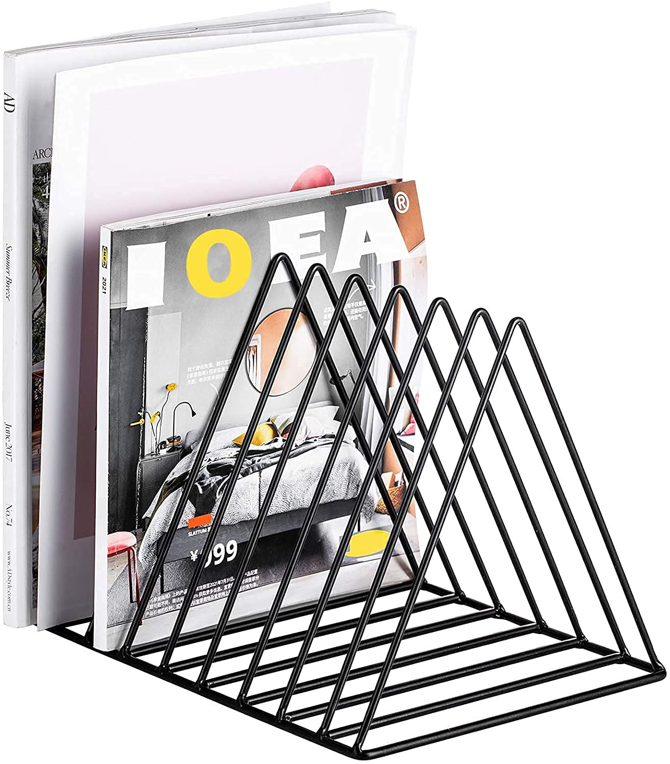 QUPET Triangle Magazine Rack Desktop Iron Bookshelf Simple Magazine Storage Rack Metal Wire Book Stand Triangle Black-image-0