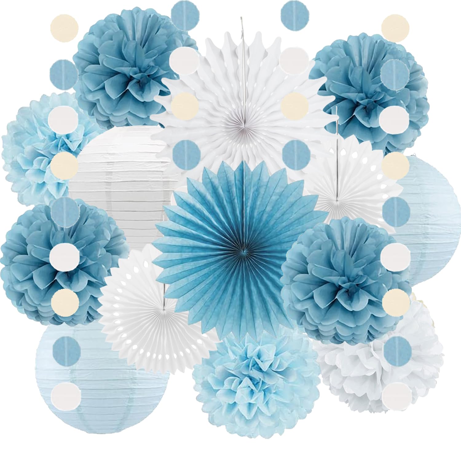 Dusty Blue White Party Decorations Paper Lanterns Tissue Pom Poms Flowers White Paper Fans for Light Blue Birthday Baby Shower Bridal Shower Wedding Party Decoration