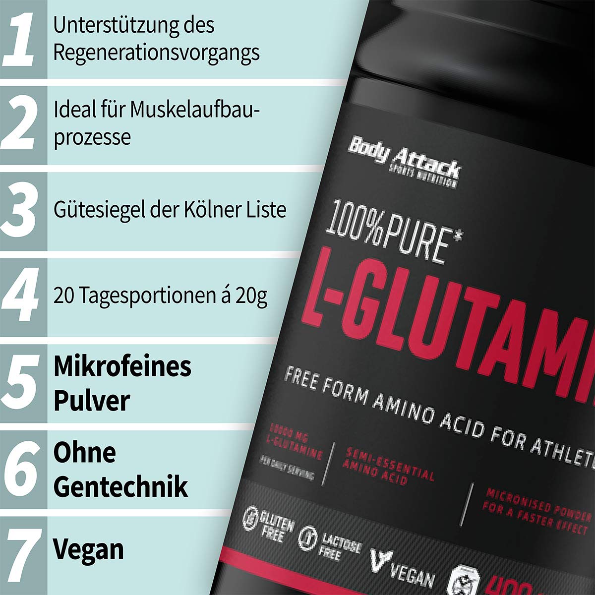 Body Attack 100% Pure L-Glutamine, 1er Pack (1 x 1000g)