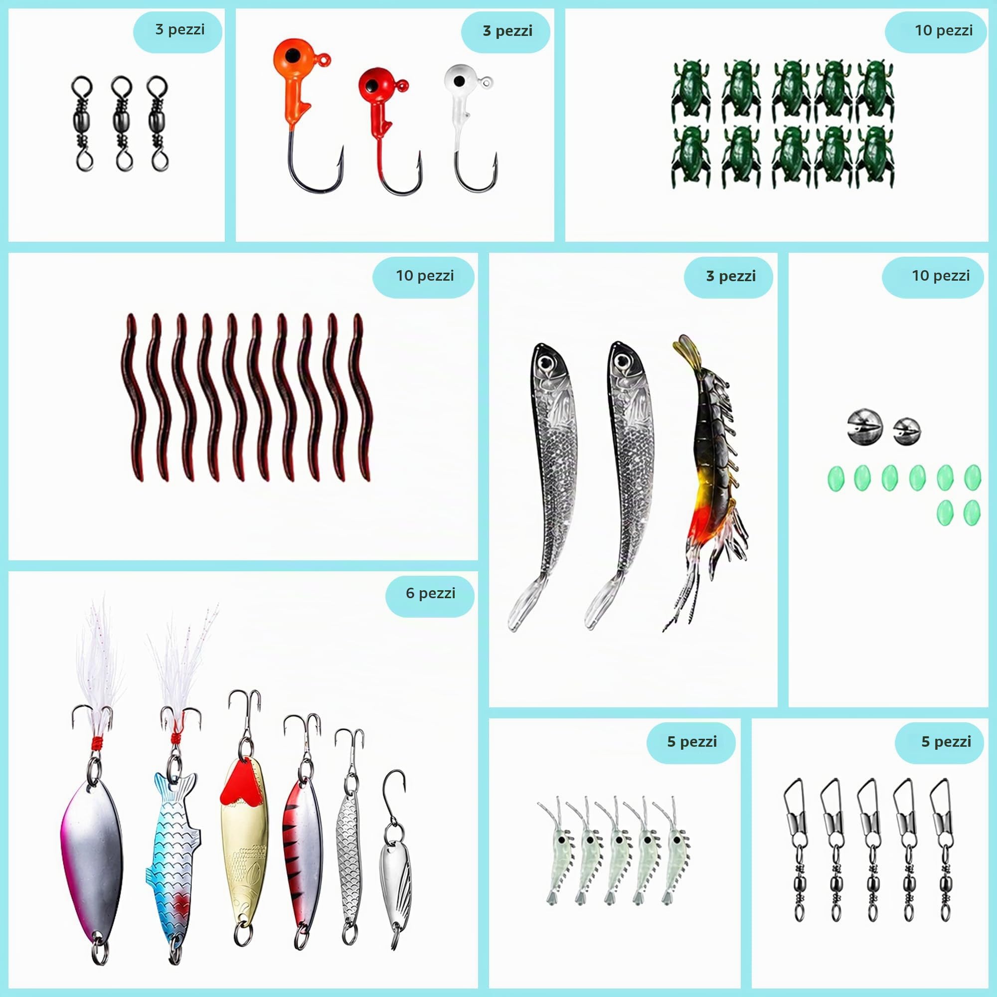 101 pezzi Set di esche da pesca misti universali con scatola per attrezzi, inclusi filatori, vermi, cucchiai, esche rigide, esche affondanti, ecc.