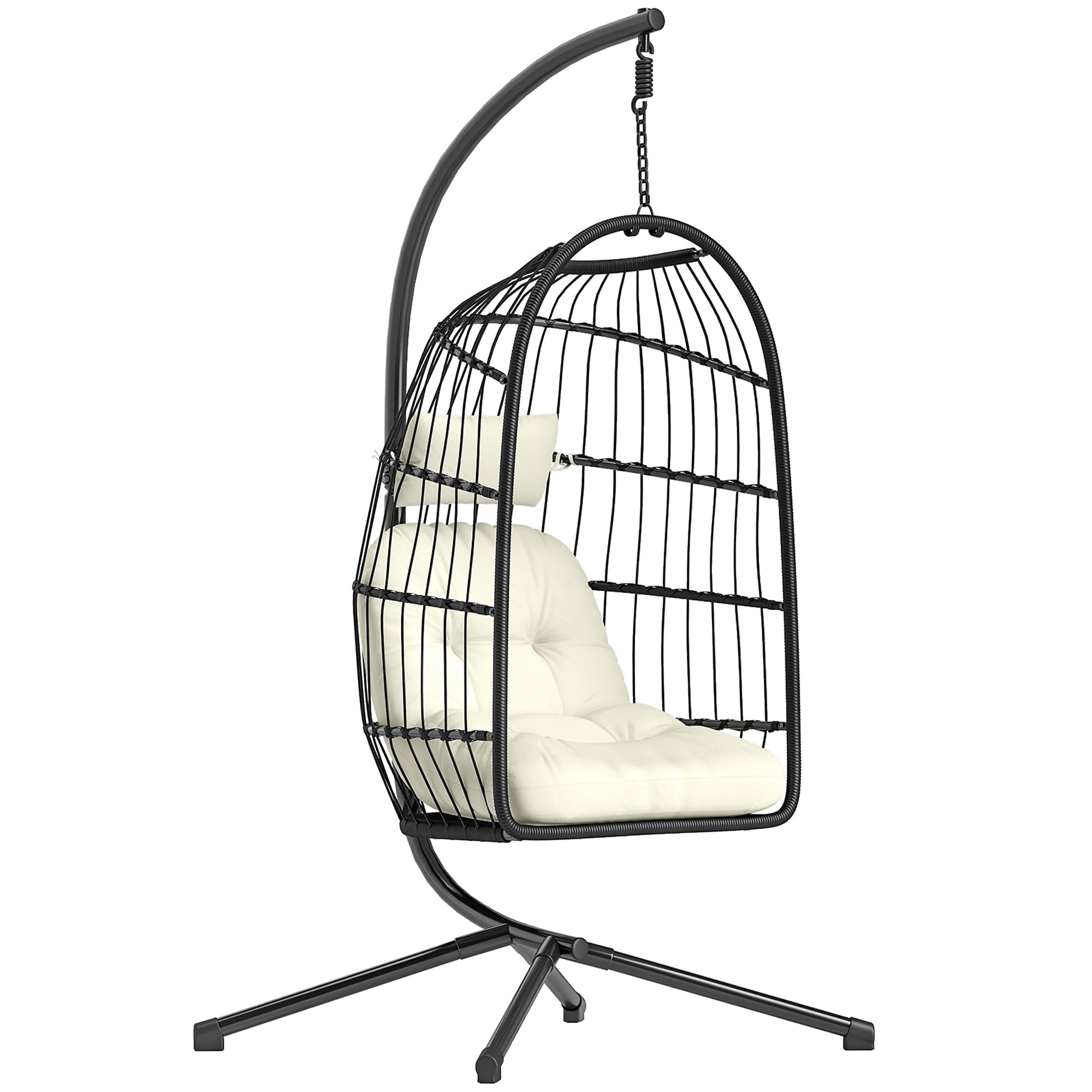 Outsunny Black/Cream Hanging Egg Chair, Outdoor Swing Chair With Stand, - Metal, Pe Rattan, Cotton, Polyester, Pp Cotton - 101 X 105 X 196 Cm - Hanging Egg Chair