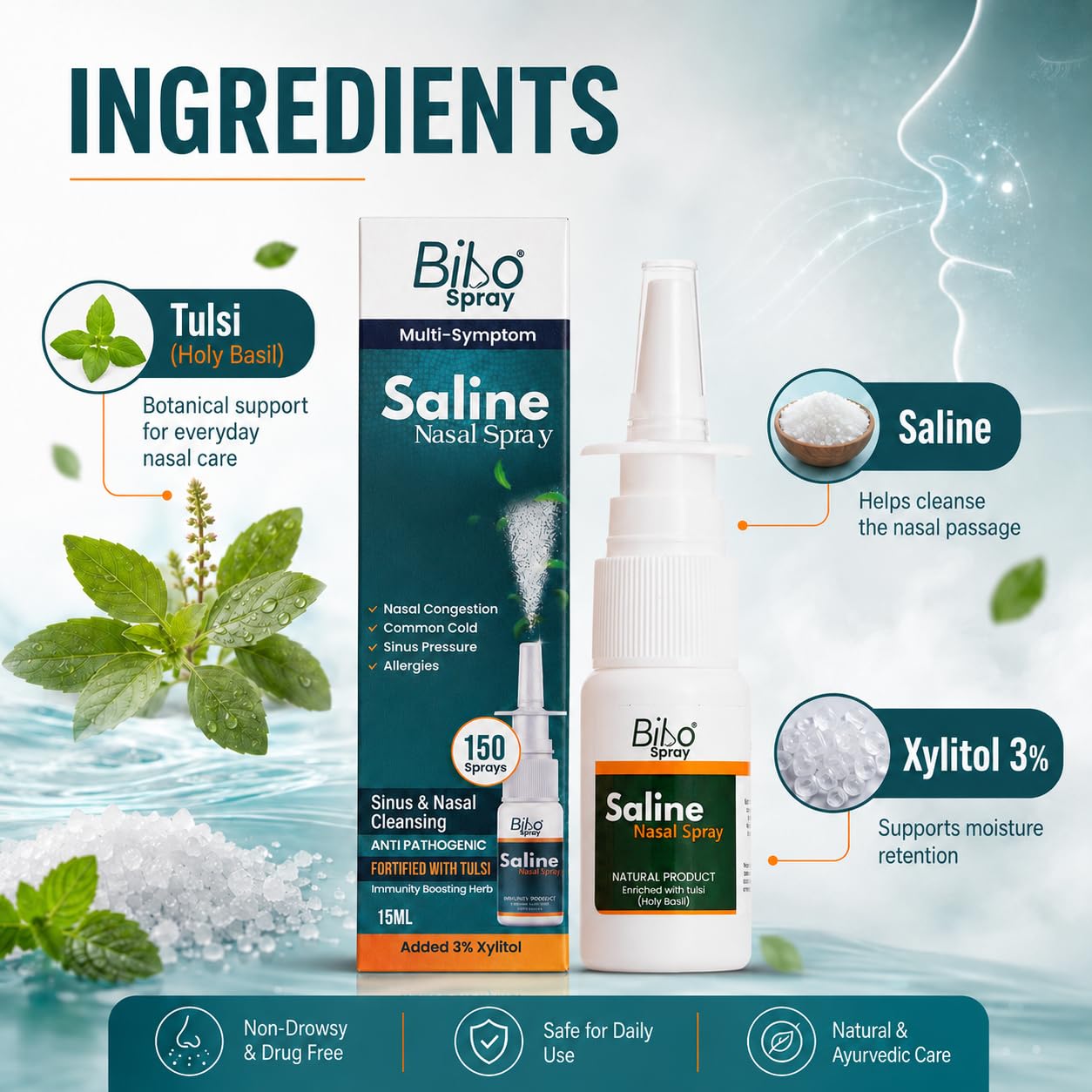 Bibo Saline Nasal Spray with Tulsi & 3% Xylitol for Daily Nasal Cleansing, 150 Sprays, 15 ml 3