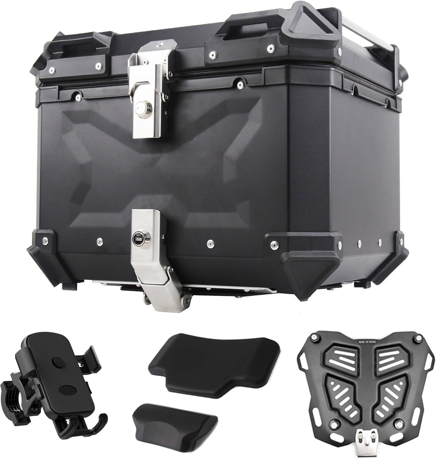 45L Motorcycle Top Case, Aluminum Alloy Universal Motorcycle Tail Box with Backrest ＆ Phone Mount Holder, Dual-key Storage Luggage Trunk (Black, 45L)