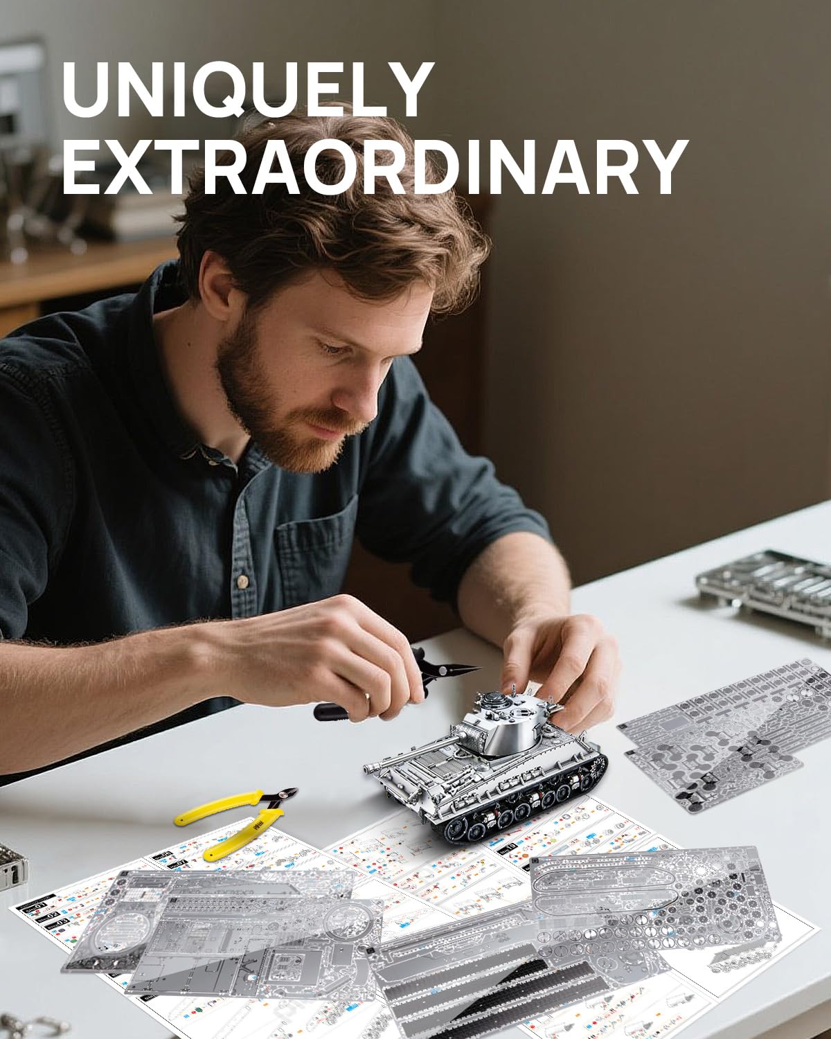Piececool Casse-tête 3D en métal pour adultes, kit de modèle de réservoir moyen M4 Sherman, kits de modèle militaire pour construire des loisirs créatifs, décoration de la maison, meilleurs cadeaux