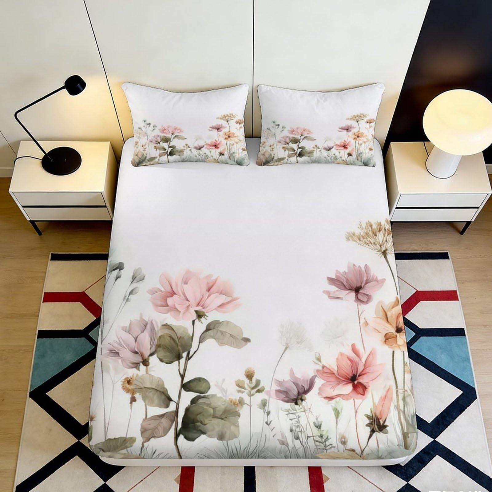3D Printed Watercolor Floral Fitted Sheet Microfiber Pastel Wildflower Bed Sheet Slip-Resistant Washable Bedroom Decor 90x200x25cm