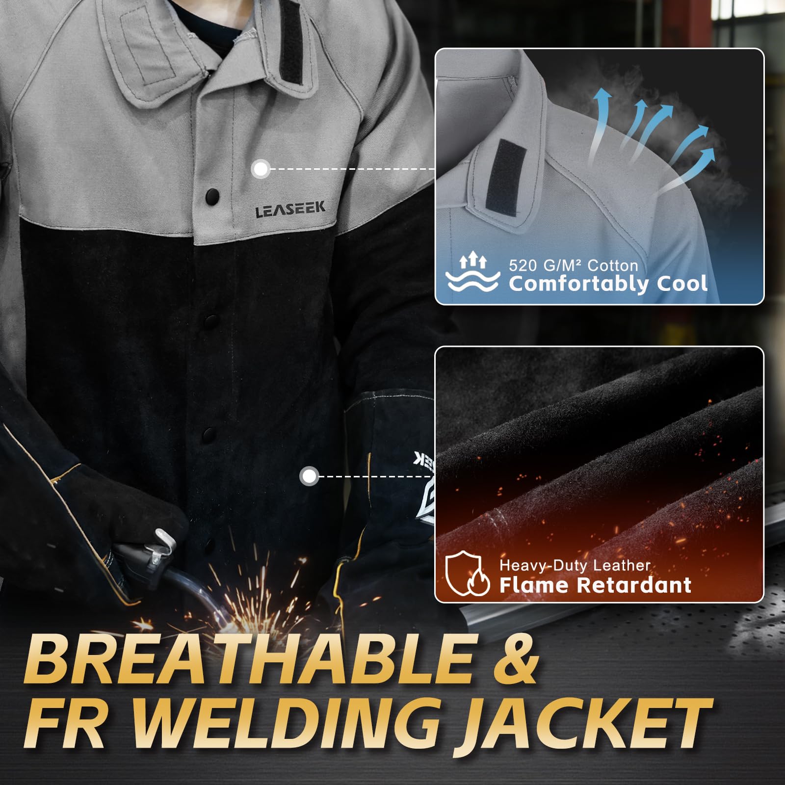 LeaSeek Schweißerjacke mit Lederärmeln, Flammhemmende Baumwolle & Leder Kombination Schutzjacke für Schweißen