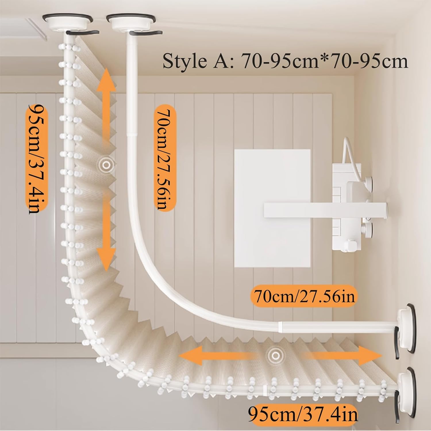 Adjustable Corner Shower Rod With Shower Curtain Curved Bath Curtain Rail Bar with Suction Cup 620gsm Heavyweight Fabric Water Resistant Fabric For Bathroom White Bathroom Divider Set
