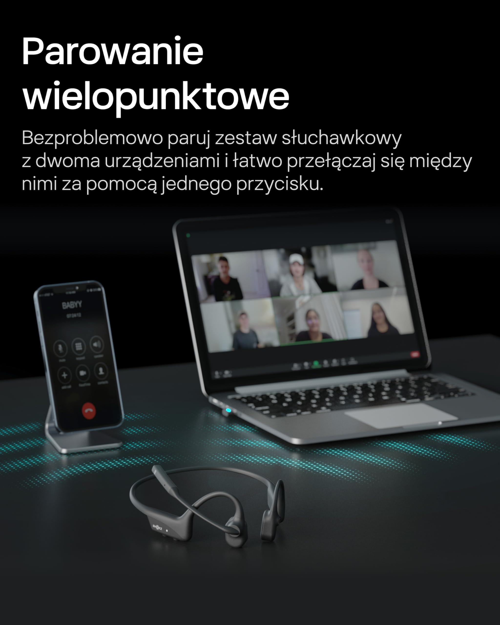 SHOKZ OpenComm2 UC 2025 Upgrade Słuchawki przewodzenia kostnego z adapterem USB-C, otwarte słuchawki Bluetooth z mikrofonem redukcji szumów, bezprzewodowe słuchawki otwarte ucho do pracy, i Zakładki