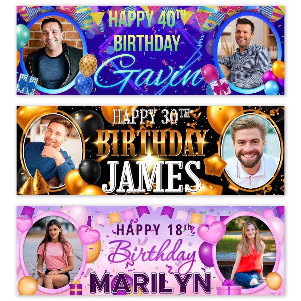 2 personalised birthday Photo 1ftx3ft banner Blue Gold Black Pink party custom poster decoration celebration anniversary woman man boy girl children kids gift-18th 20th 30th 40th 50th 60th 70th
