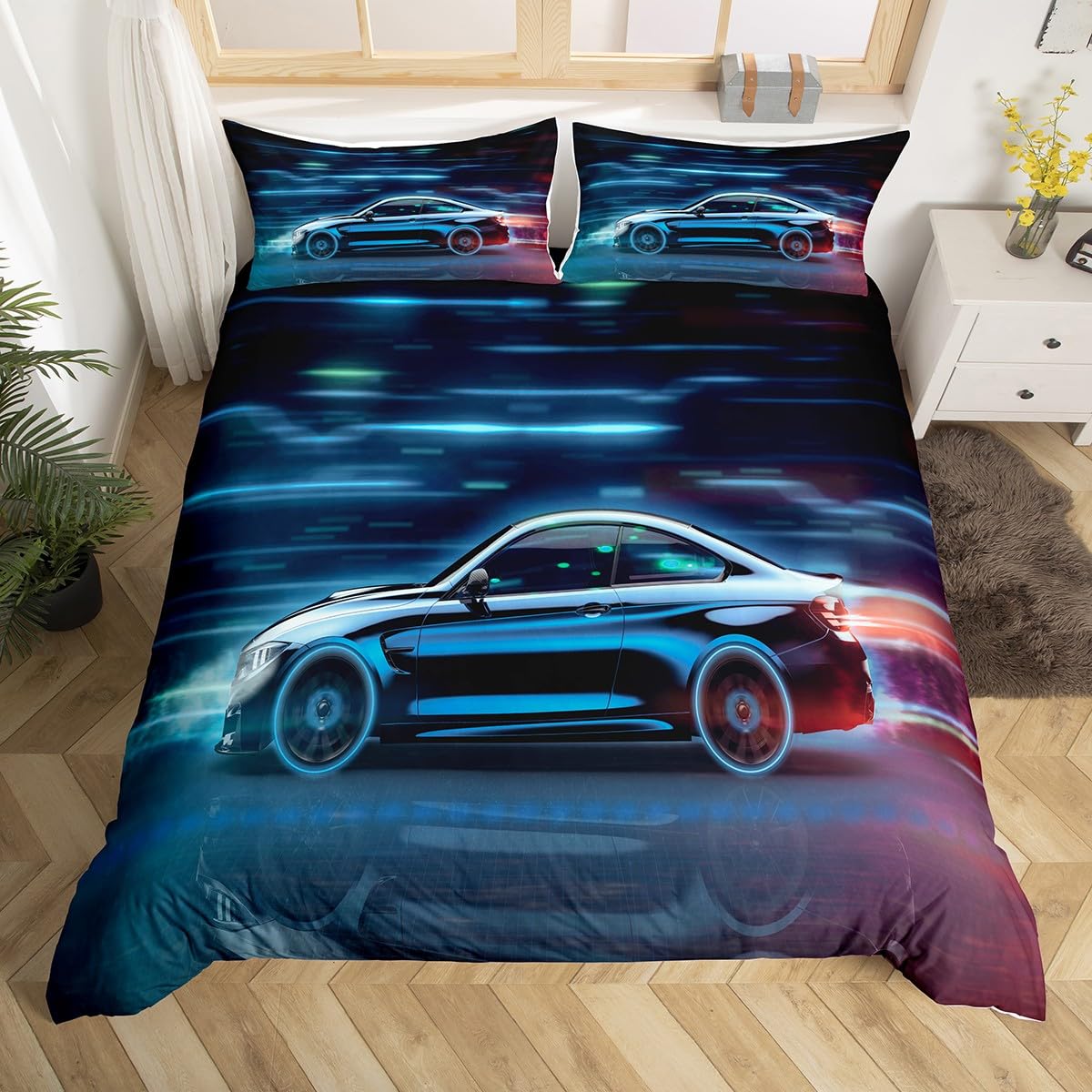 Homewish Blue Racing Car King Size Duvet Cover Sets Kids Race Car Bedding Set for Boys Teenagers Man, Cool Speed Sports Car Bedding & Linen, Automobile Dark Blue Bedroom Decor, 2 Pillowcases โ image 1