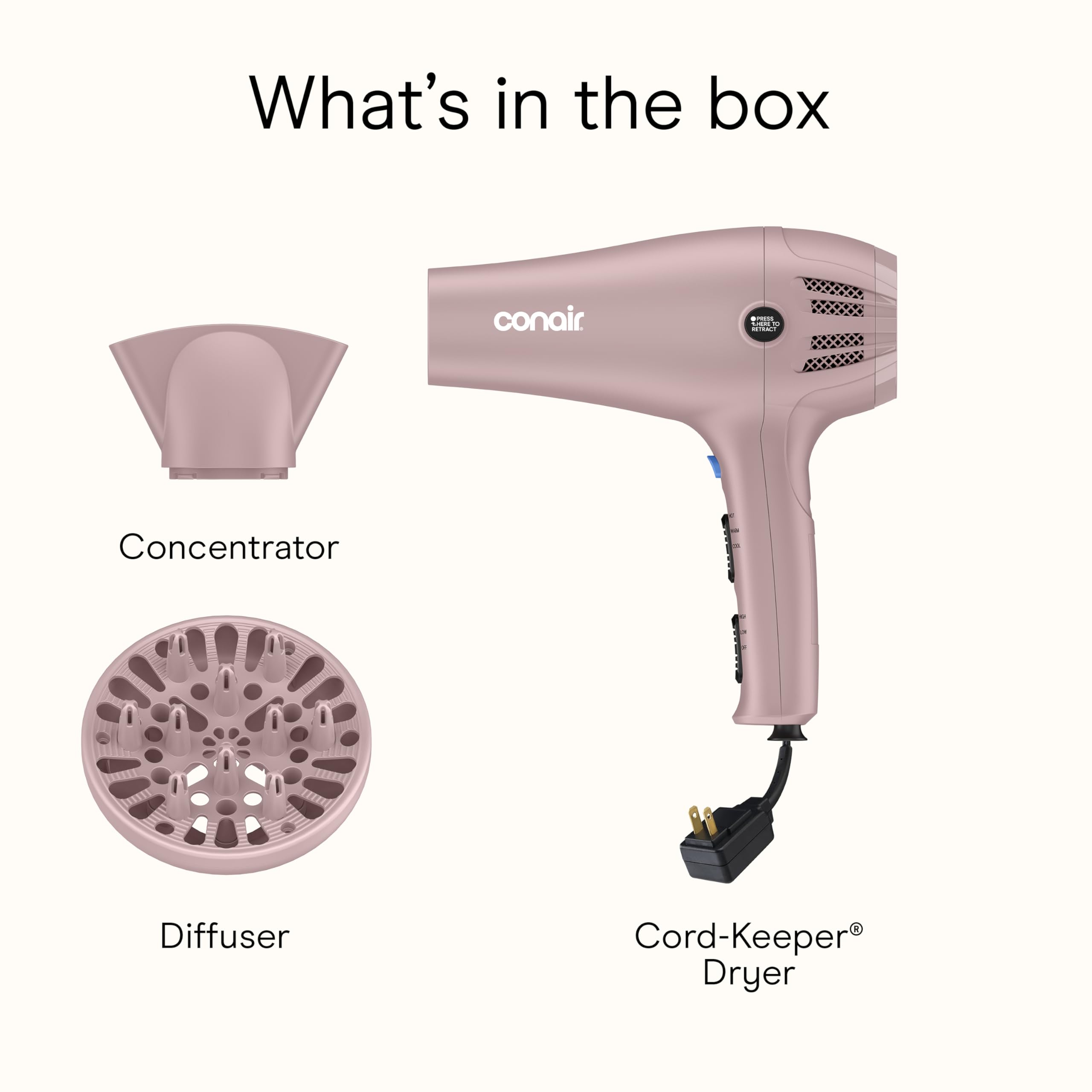 Conair Hair Dryer with Diffuser & Concentrator, 1875W, Matte Light Pink view 8