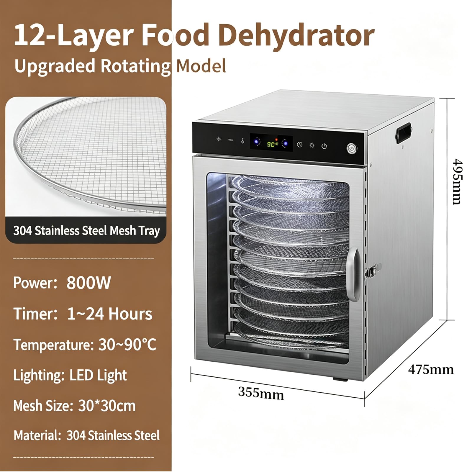 Deshidratador De Alimentos, Secador De Frutas Inox, 30-90 °c