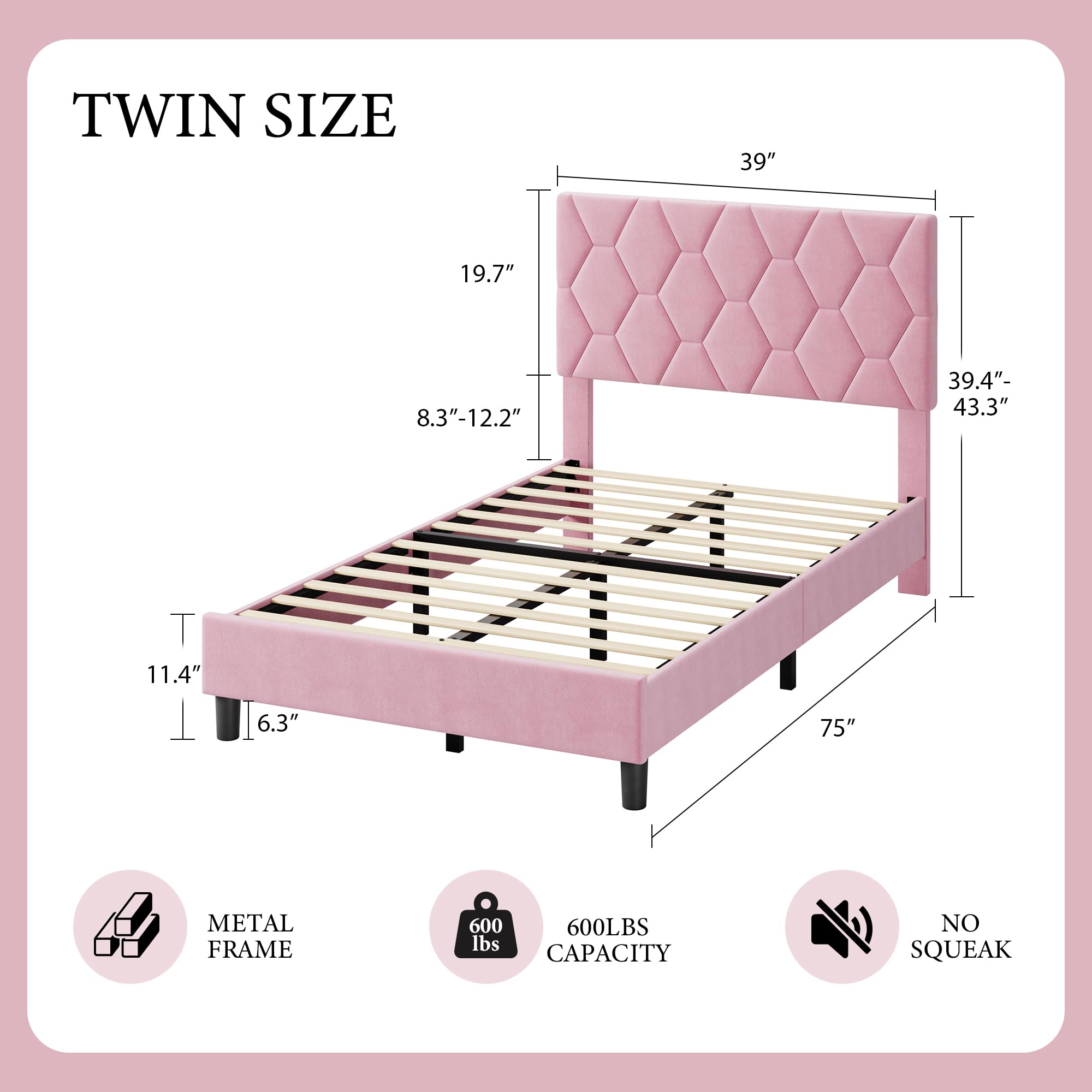 Base de cama de plataforma de tamaño individual con cabecera tapizada y soporte de listones de madera, base de colchón tapizada de terciopelo, no necesita somier, fácil montaje, rosa 2