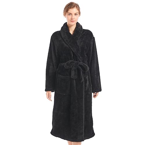 Inner Wish Womens Plush Fleece Robe, Cozy Warm Bathrobe Fuzzy Female Spa Robe With Pockets - XX-Large-3X-Large - Black