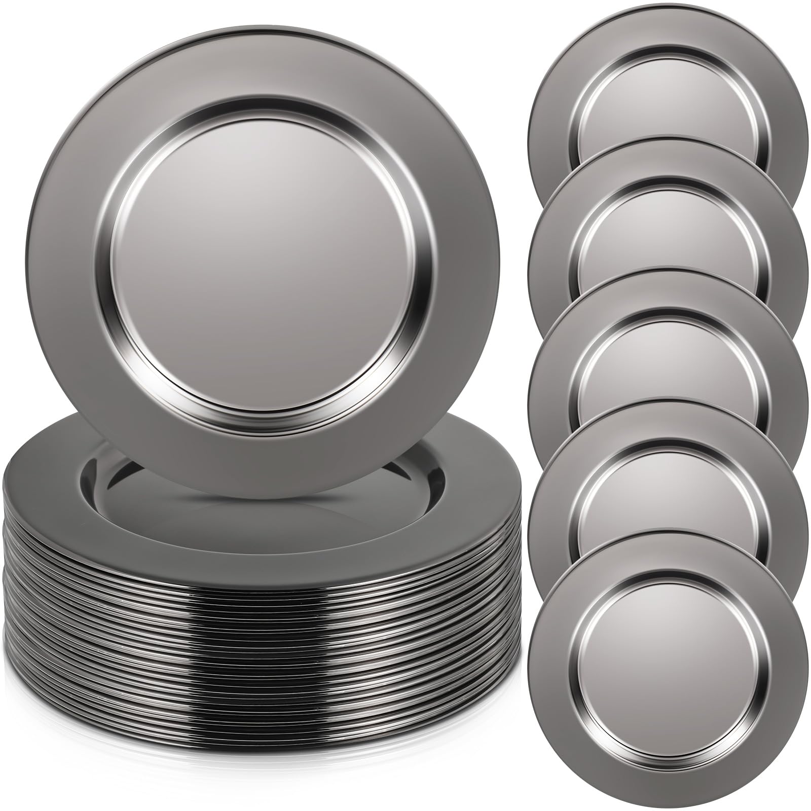 Vesici 12 Pcs Pearl Black Stainless Steel Charger Plates 13 Inch Round Metal Charger Plates Bulk Mirror Elegant Luxury Table Decor for Wedding Dinner Party