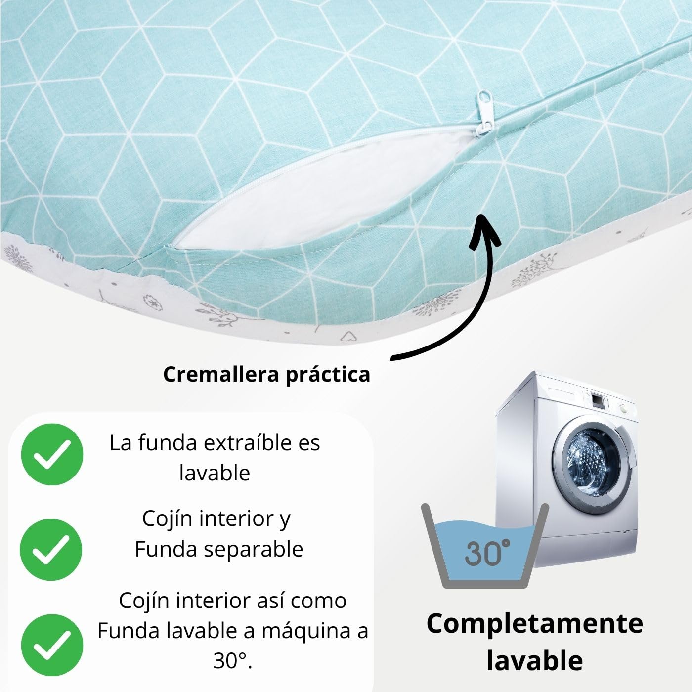 Bellochi Amohada Embarazada – 100% Algodón - Cojin Lactancia con Funda - 40x60 cm Posicionamiento Multifuncional - Almohada de Posicionamiento del Bebé - Fresh