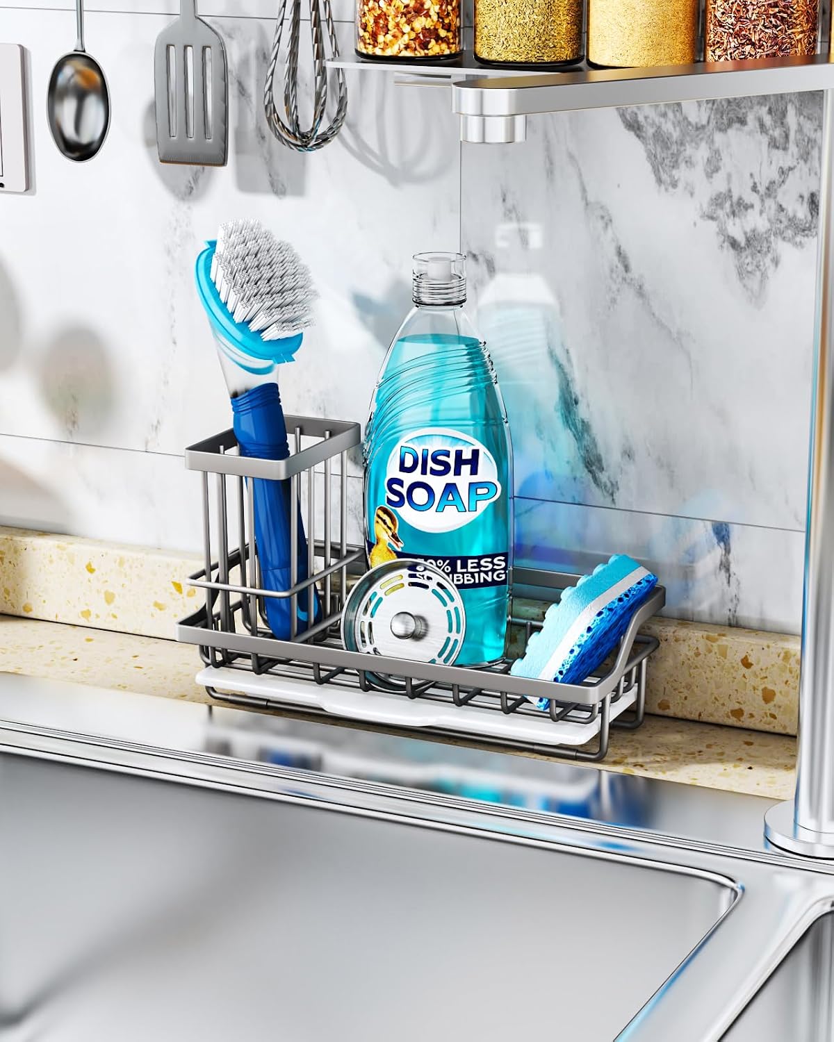 Consumest Sponge Holder for Kitchen Sink, Sink Caddy Organizer with Removable Drip Tray, Countertop Dish Soap Holder and Brush Holder, 304 Stainless Steel - Sand Nickel image 3