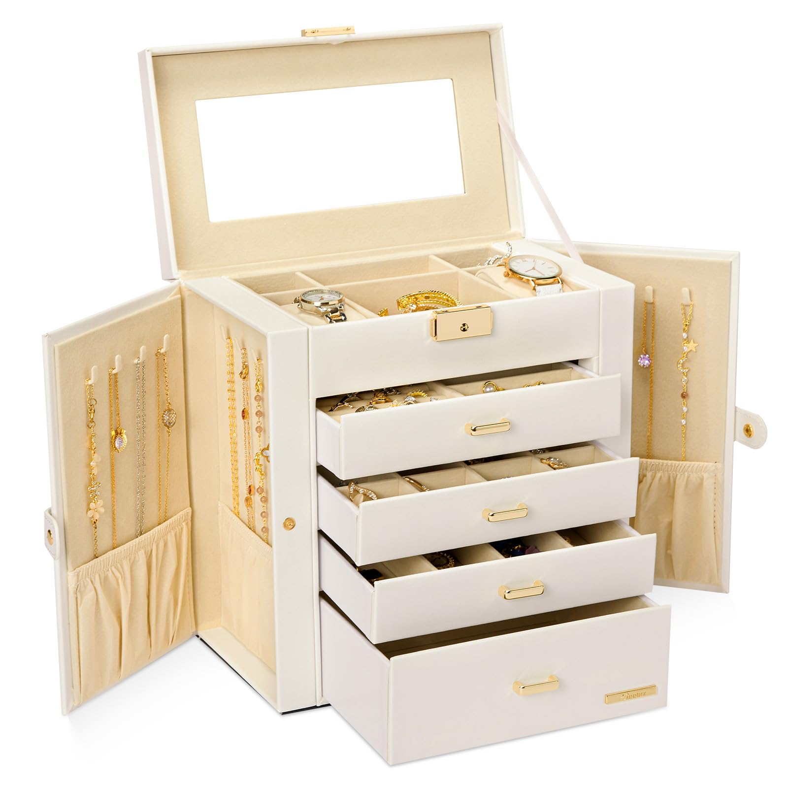 Large Jewellery Box, 5-Layer Jewelry Storage with Drawers, Mirror and Lock, Watch Box, Gift Case for Necklaces, Rings, Bracelets, Watches, Earrings, Faux Leather, White (White + Gold)
