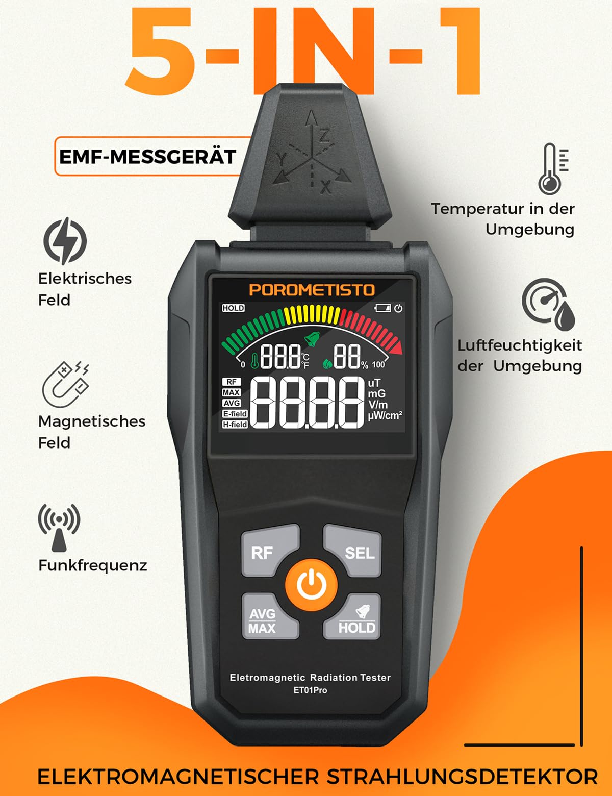 ET01PRO 5-in-1 EMF Messgerät – Elektrosmog Messgerät mit EF/MF/RF/Temperatur/Luftfeuchtigkeit, Max/Min/Speicher, Ideal für Profis, Zuhause & Geisterjagd