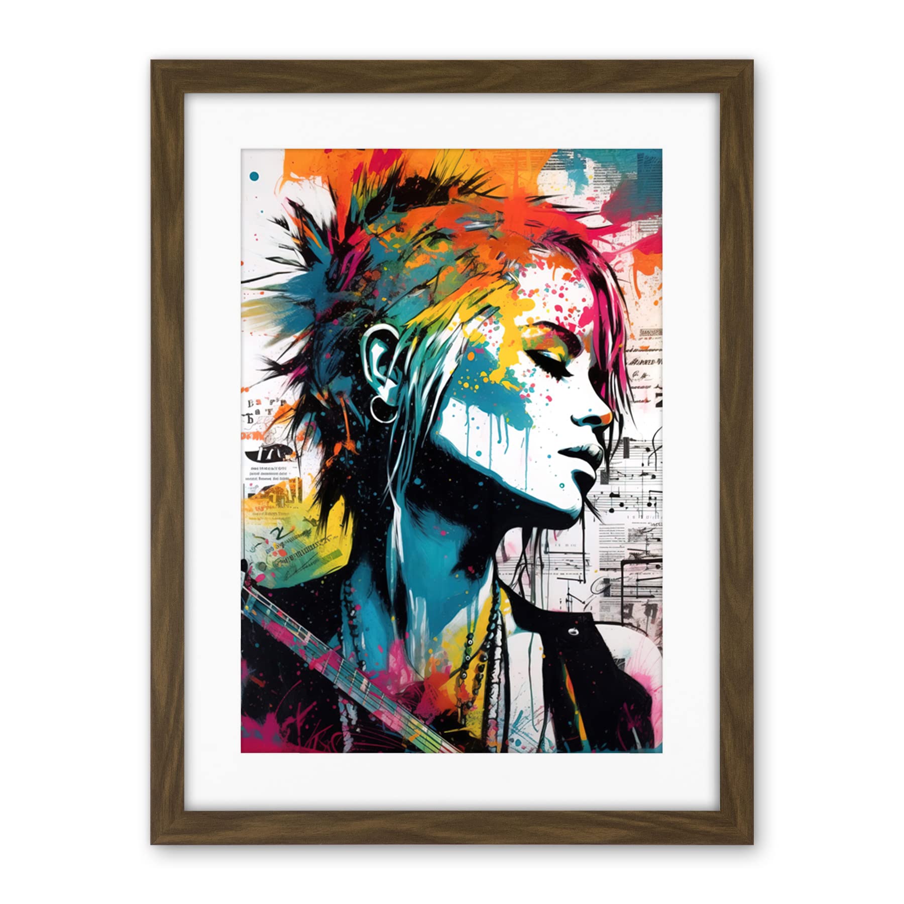 Artery8 Emo Woman Electric Guitar Sheet Music Upcycle Art Splatter Paint Modern Painting Artwork Framed Wall Art Print 18X24 Inch