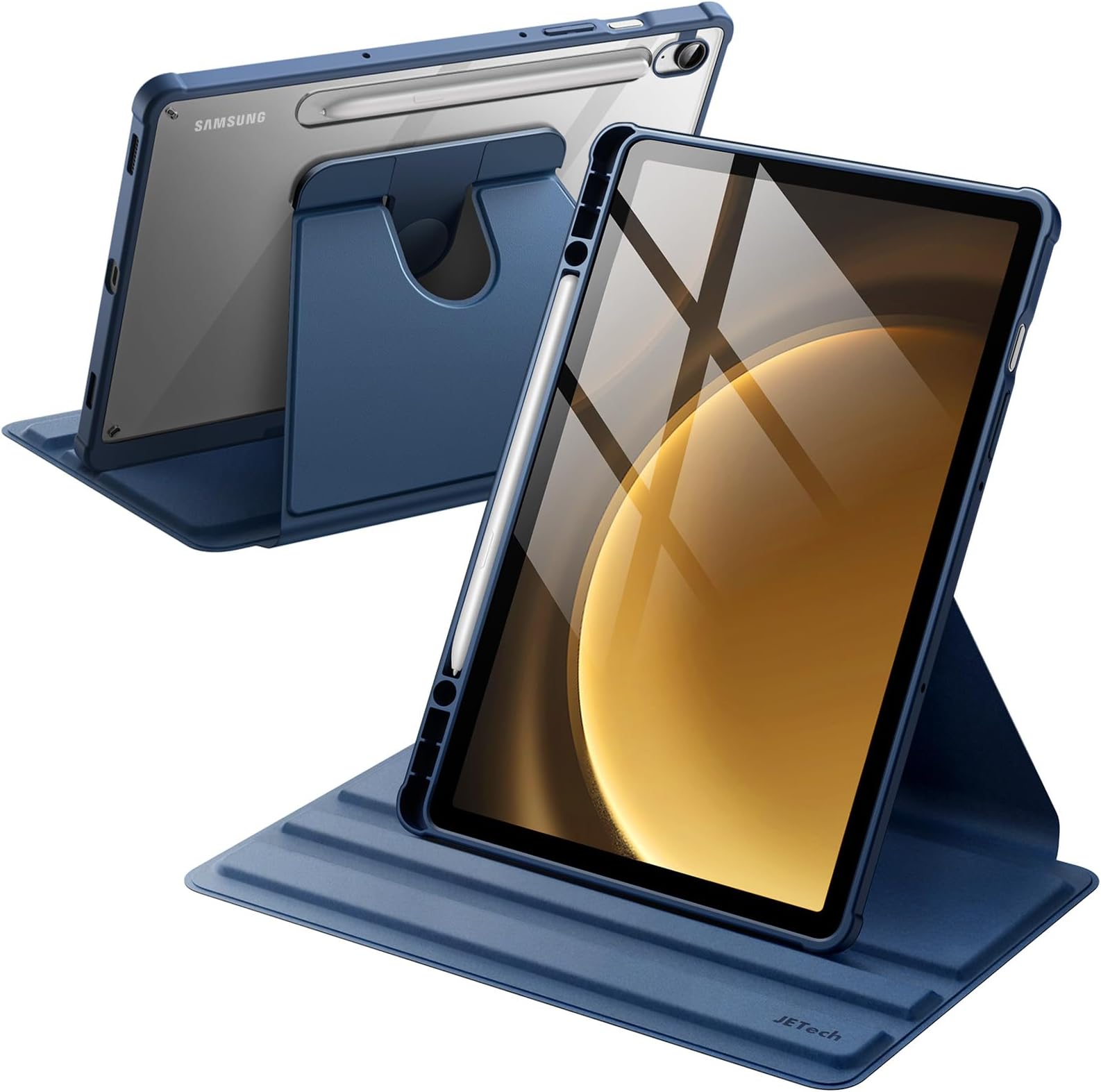 JETech Rotating Case for Samsung Galaxy Tab S10 Lite / S10 FE / S9 FE 10.9-Inch / S9 11-Inch with S Pen Holder, 360 Degree Rotation Protective Stand Cover Clear Back, Auto Wake/Sleep (Navy)