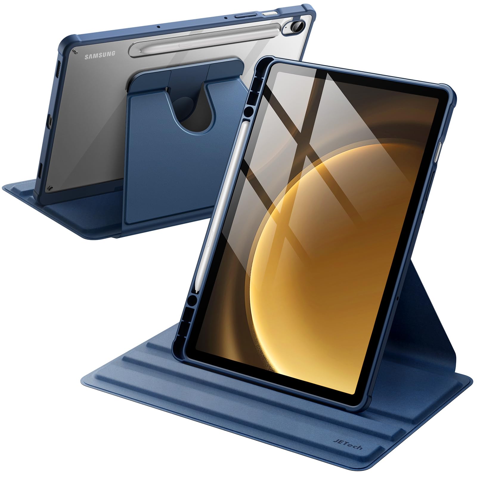 JETech Rotating Case for Samsung Galaxy Tab S10 Lite / S10 FE / S9 FE 10.9-Inch / S9 11-Inch with S Pen Holder, 360 Degree Rotation Protective Stand Cover Clear Back, Auto Wake/Sleep (Navy)
