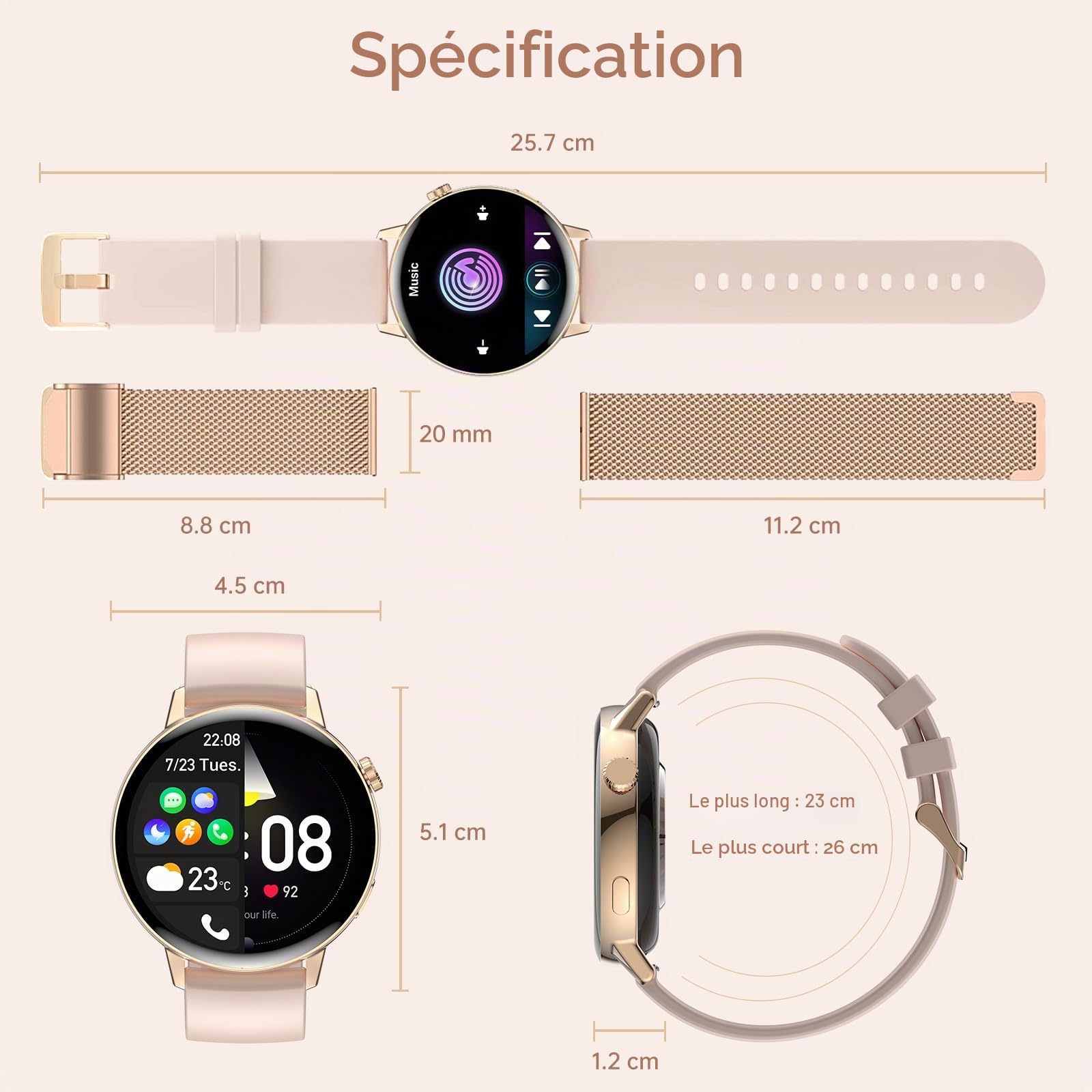 Montre Connectée Femme Appels/Notification Intelligente 1.32" Smartwatch Fréquence Cardiaque Sommeil Oxymètre 3 Bracelets Étanche Trackers d'activité Podomètre Calories Montre Sport pour iOS Android