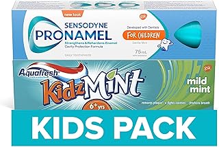 Aquafresh Kids Toothpaste with Fluoride, Plaque Remover, Fresh Breath and Cavity Protection, Mild Mint, 90 mL, Pronamel for Children Anti-Cavity Toothpaste with Enamel Care, Mild Mint Flavour, 75mL (2 Pack Bundle, Packaging May Vary)