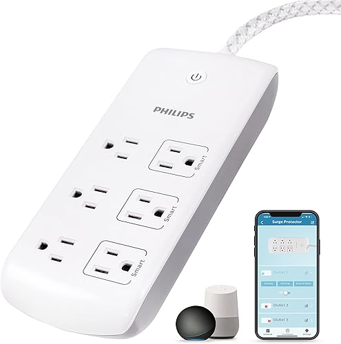 Philips Protector de sobretensiones inteligente de 6 tomas, cable trenzado de 4 pies, control individual, compatible con Alexa, Google Home,