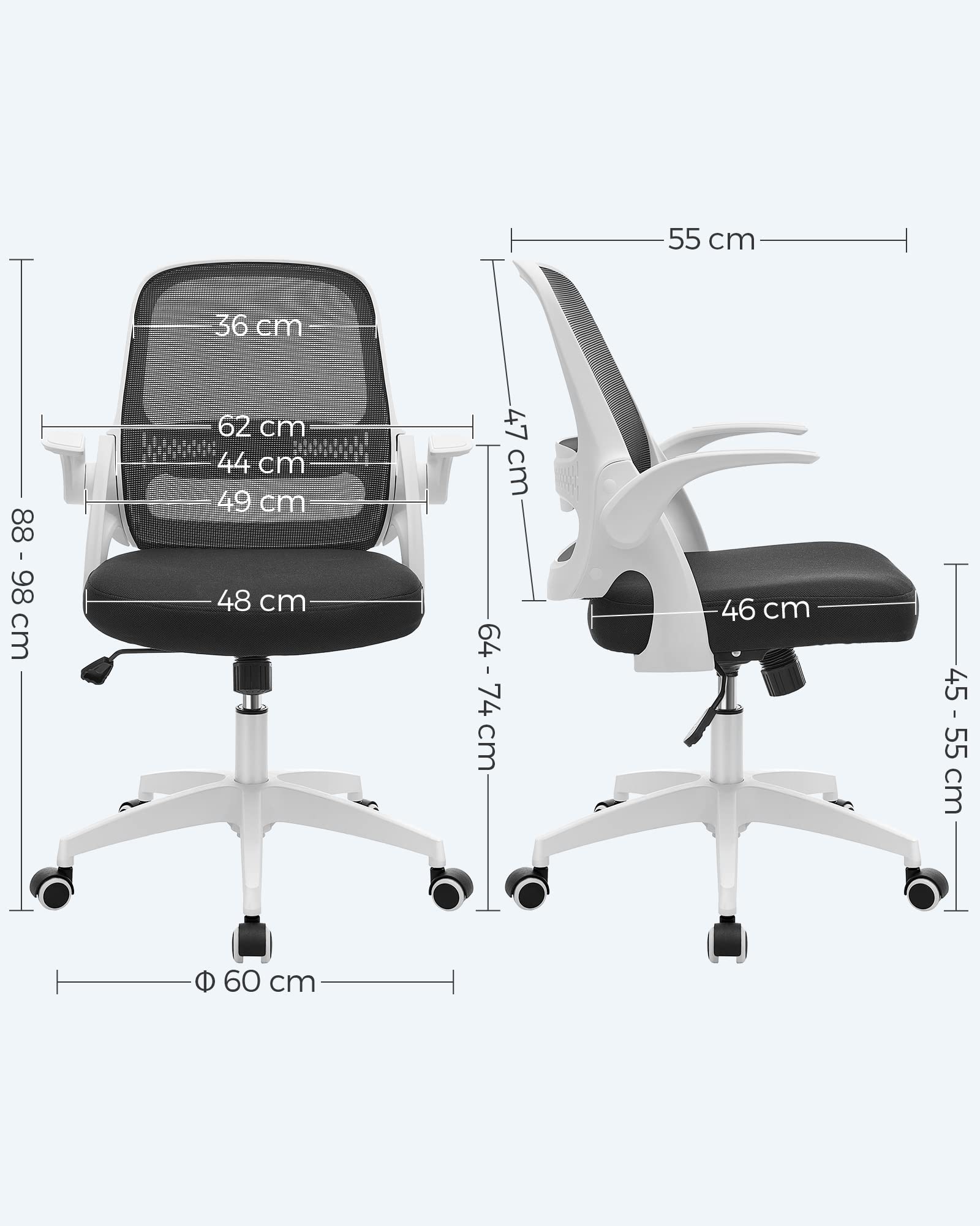 SONGMICS Sedia da Ufficio, Sedia da Scrivania, Sedia Ergonomica Girevole, Sedia da Computer, Regolabile in Altezza, Braccioli a Ribalta, Funzione Oscillante, Bianco e Nero OBN035W01