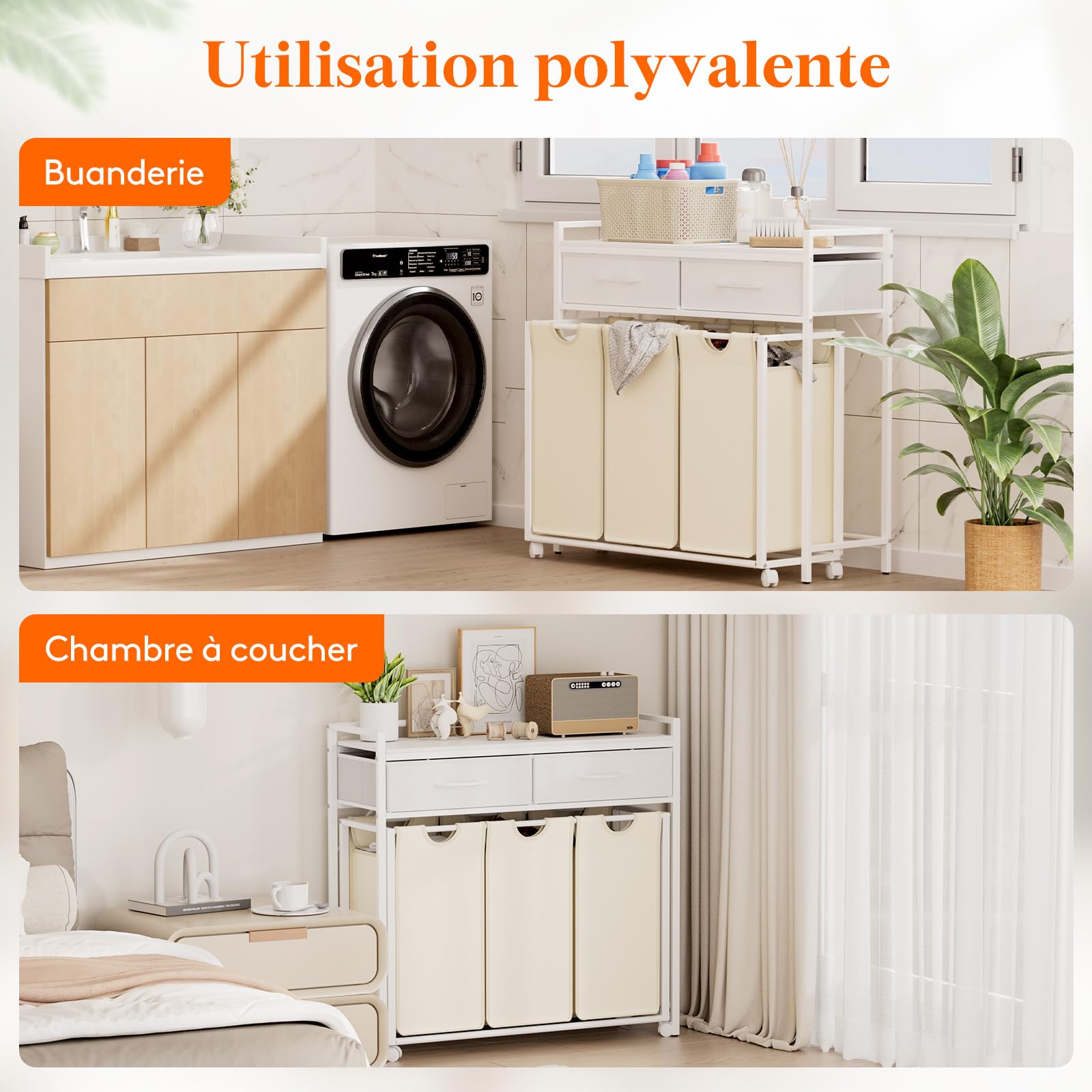 Lifewit Panier a Linge 3 Compartiments Roulettes 135L, Meuble Linge Sale Grande avec 2 Tiroirs et 3 Sac à Linge en Tissu Oxford, Bac à Linge pour Buanderie, Chambres, Salles de Bains, Blanc et beige