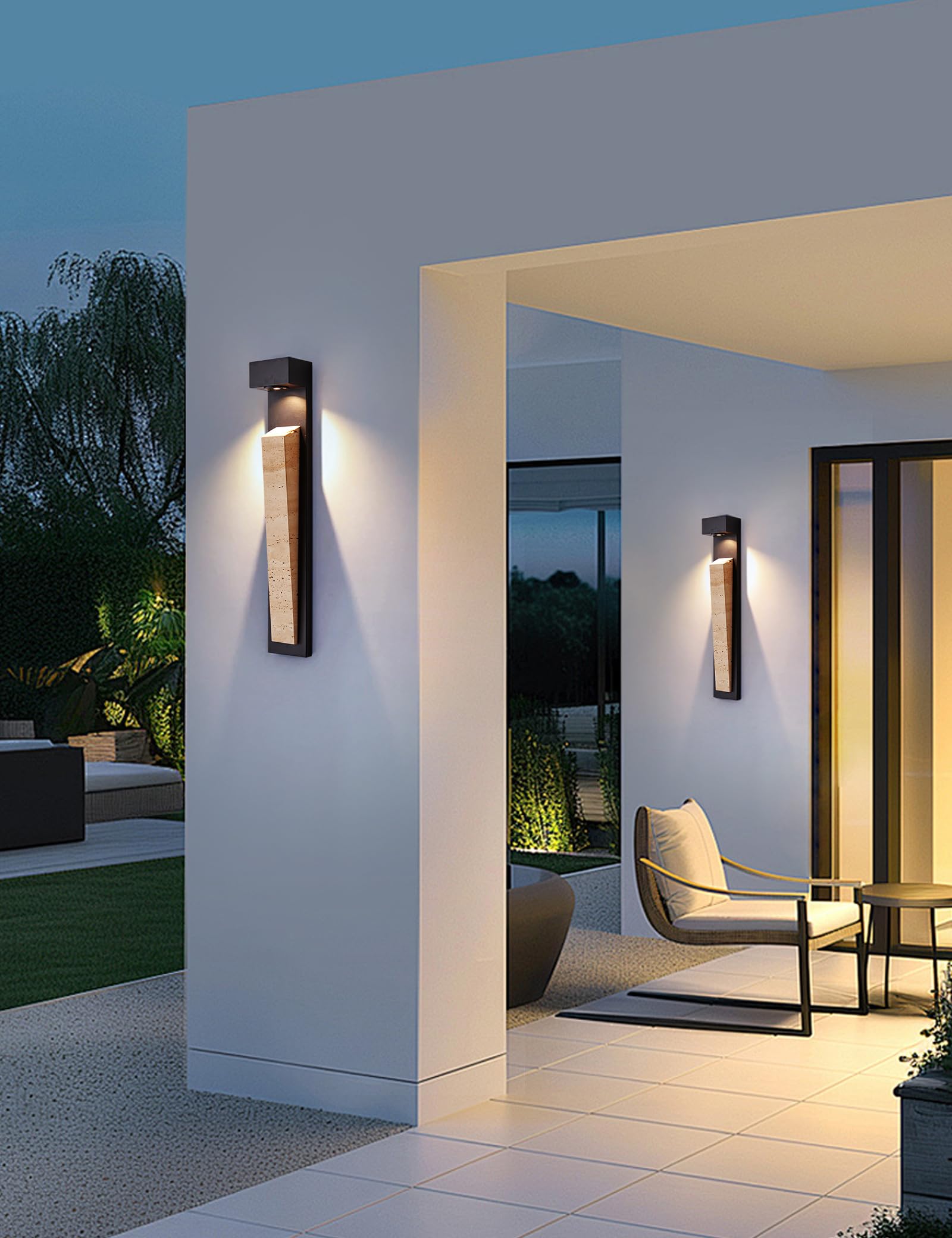 LVLVlech 23in Outdoor Wall Lights Natural Exterior Waterproof Alabaster Wall Sconce LED Modern Matter Black Wall Lamps for Pstio Front Door Entrydoor