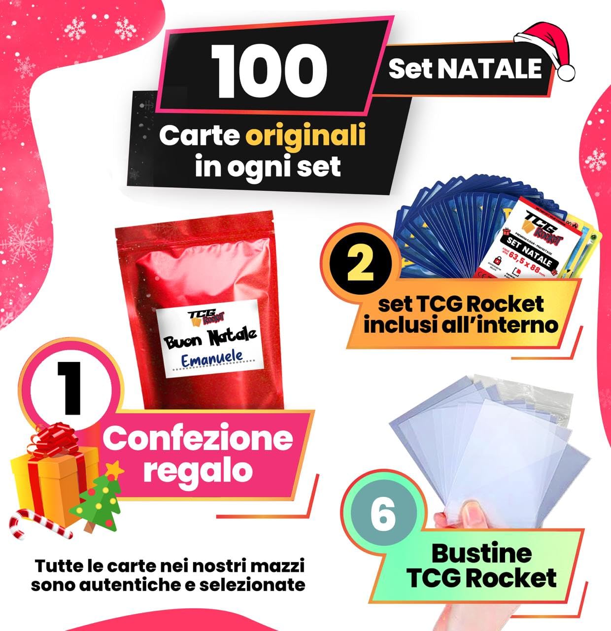 TCG Rocket Set NATALE - 100 Carte Pok Originali Italiane, Include 1 Ultra Rara, 5 Carte Luccicanti (Olo, Reverse) e Confezione Regalo Natalizia