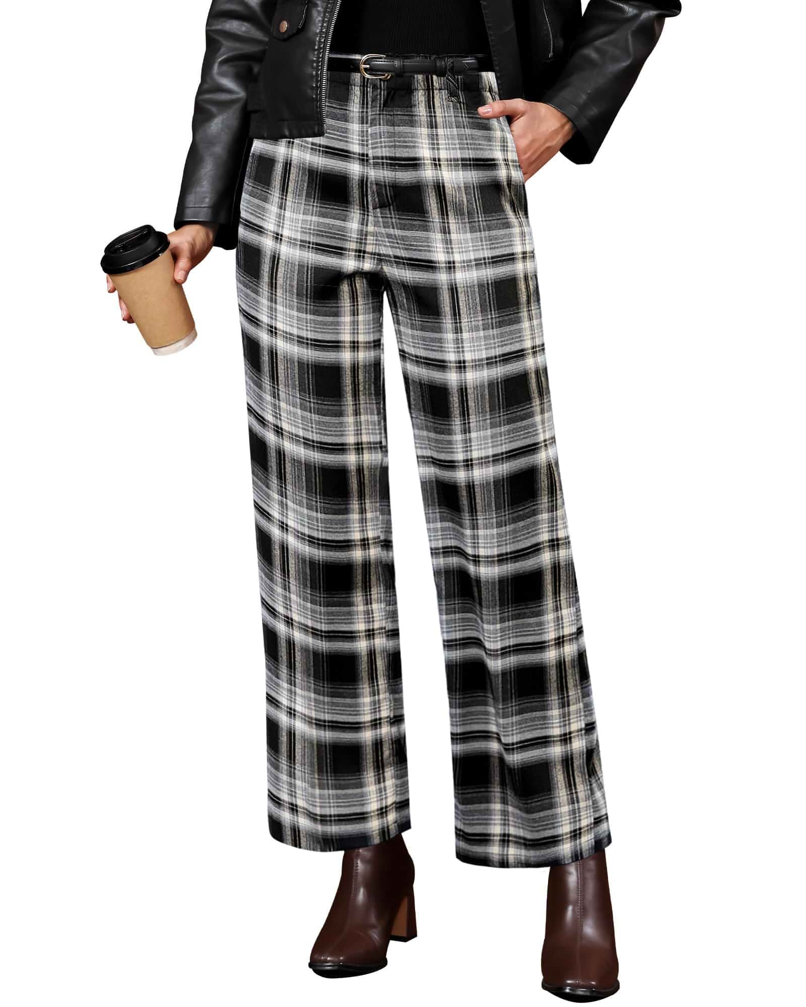 GRAPENT Plaid Pants for Women Wide Leg High Waisted Tartan Work Business Casual Elastic Waist Trousers Pants with Pocket Regular