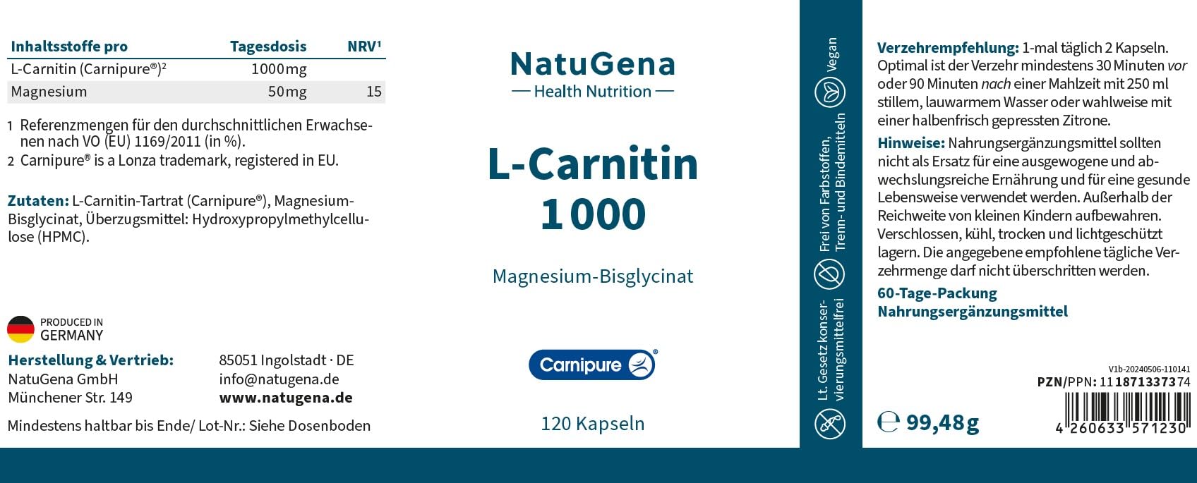 NatuGena L-Carnitin 1000, Carnipure L-Carnitin-Tartrat, Magnesium, 120 Kapseln (2 Monats Packung)