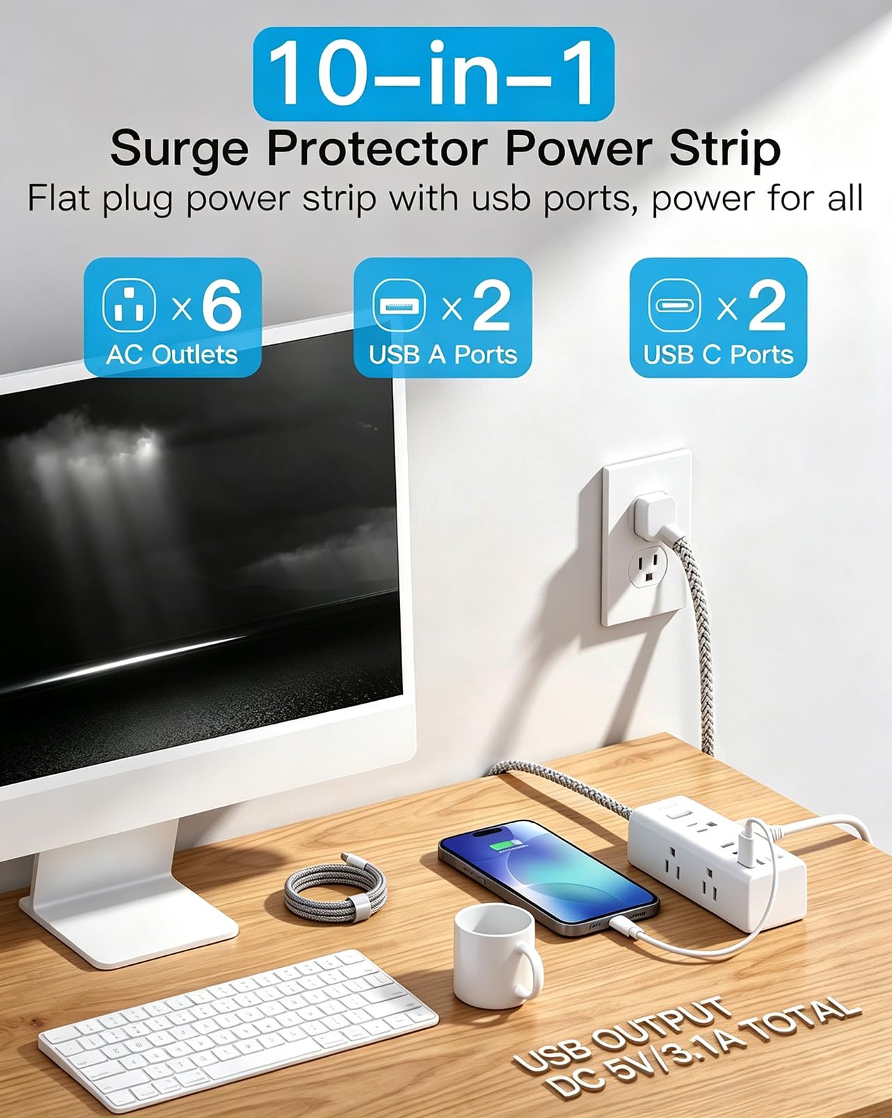One Beat Surge Protector Power Strip, 5 Ft Flat Plug Extension Cord, 900J — Amazon image 2