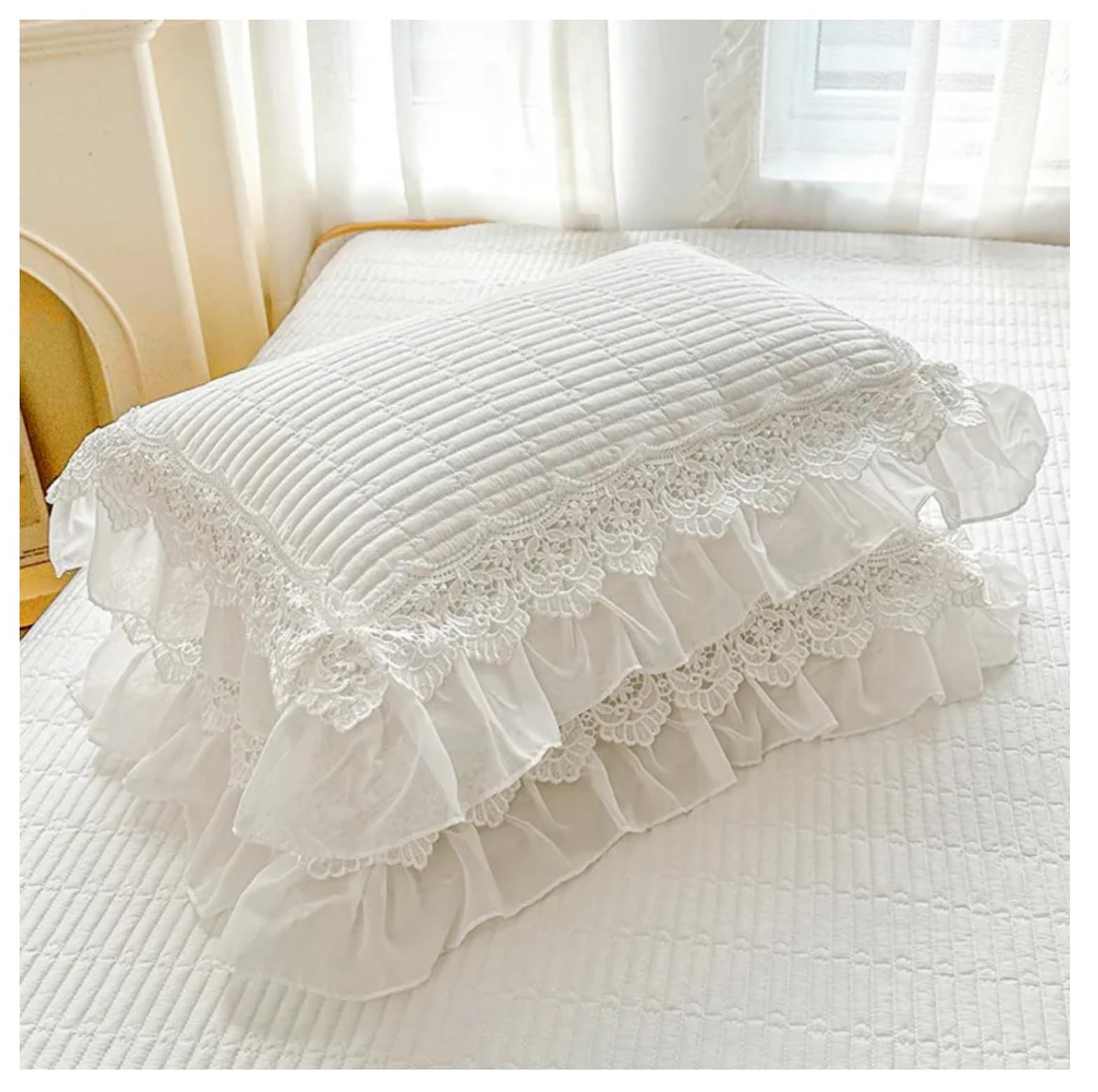 PUIPPUII 2 Pack Cotton Ruffle Pillow Covers, 19x29 Inch Soft Quilted Lace Pillow Shams, Breathable & Machine Washable, Chic Farmhouse Pillow Cases for Bedroom Decor(White)