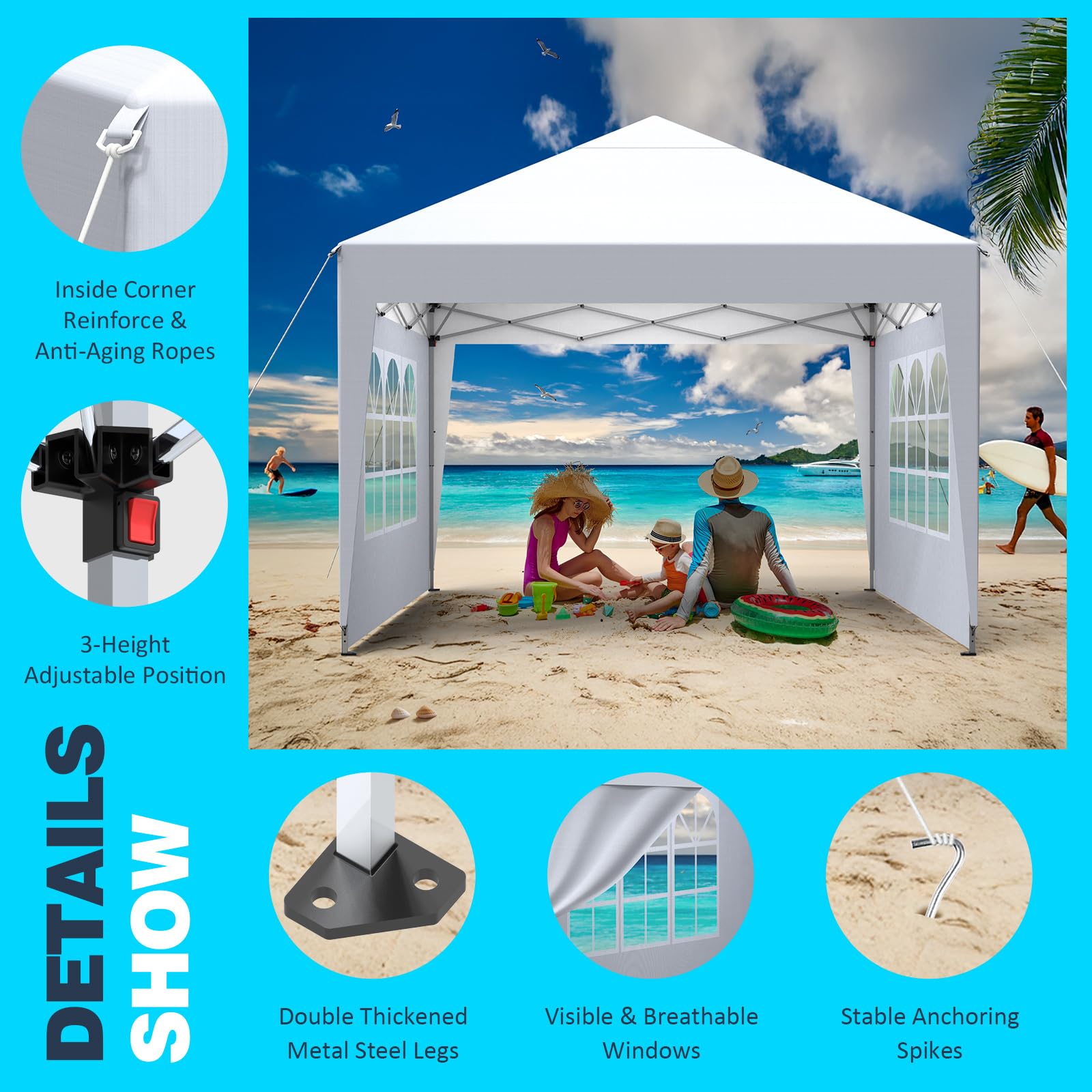 Tonnelle de Jardin 3x3m,Tonnelle Pliante,Tente de Camping avec 4 Côtés、Sac de Transport,Imperméable,Anti UV50+，Hauteur Réglable，Tente Réception,Barnum Pliante pour Exterieur Party Festival,Blanc