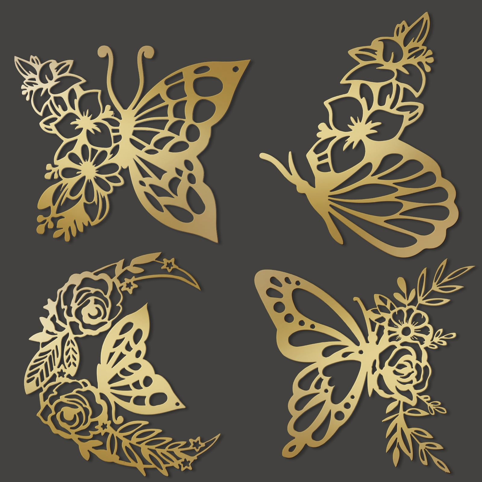 4 Pcs Butterfly Wall Decoration Metal Butterfly Wall Decor Metal Leaf Wall Art Moon Phases Floral Boho Wall Hanging Home Flower Appearance for Bedroom Living Room Home Indoor (Gold,Vivid)