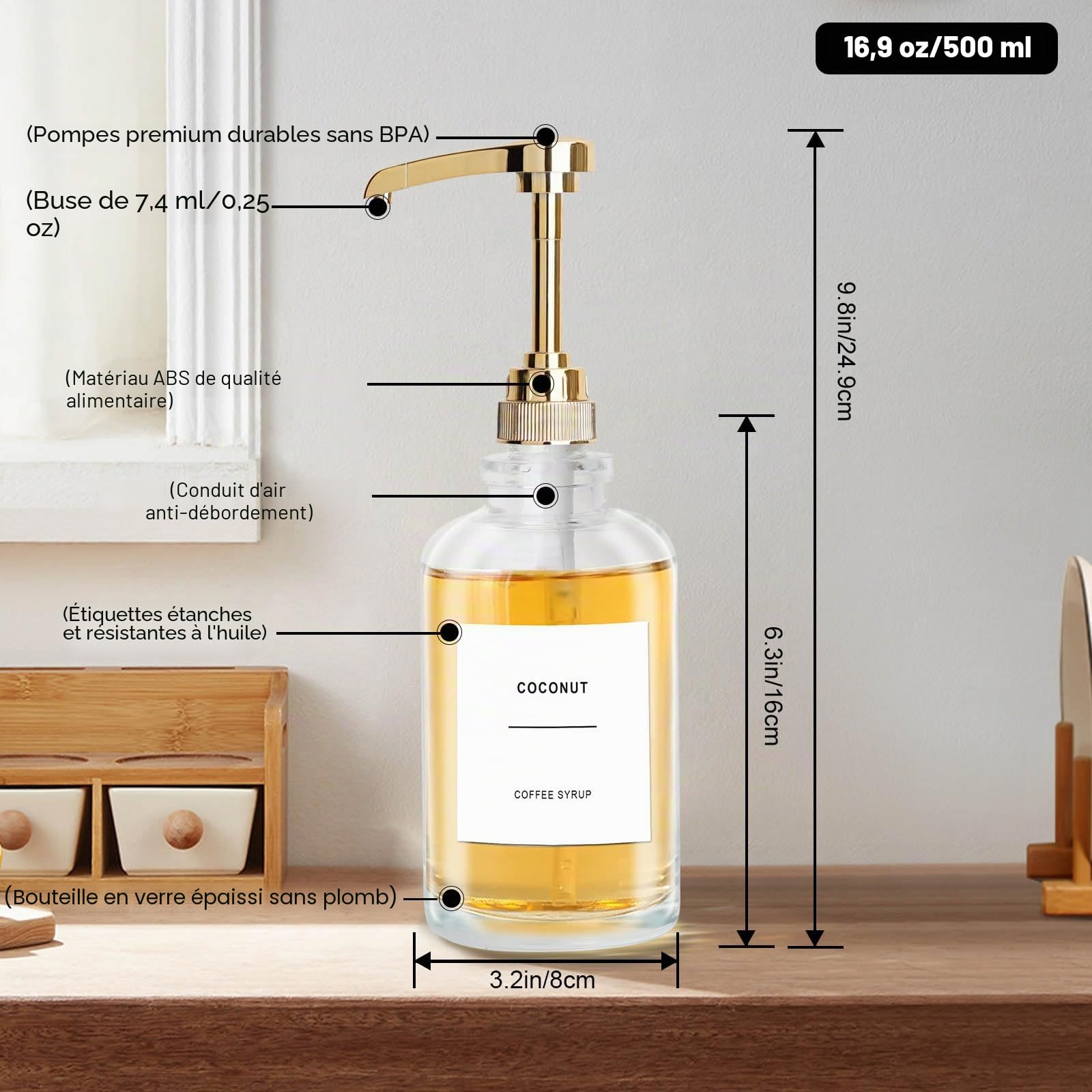 Sunal Distributeur de sirop de café, doré, 500 ml, lot de 2 bouteilles de sirop en verre, distributeur de sirop avec pompe de grande capacité de 0,6 g et 36 étiquettes étanches et entonnoir pour