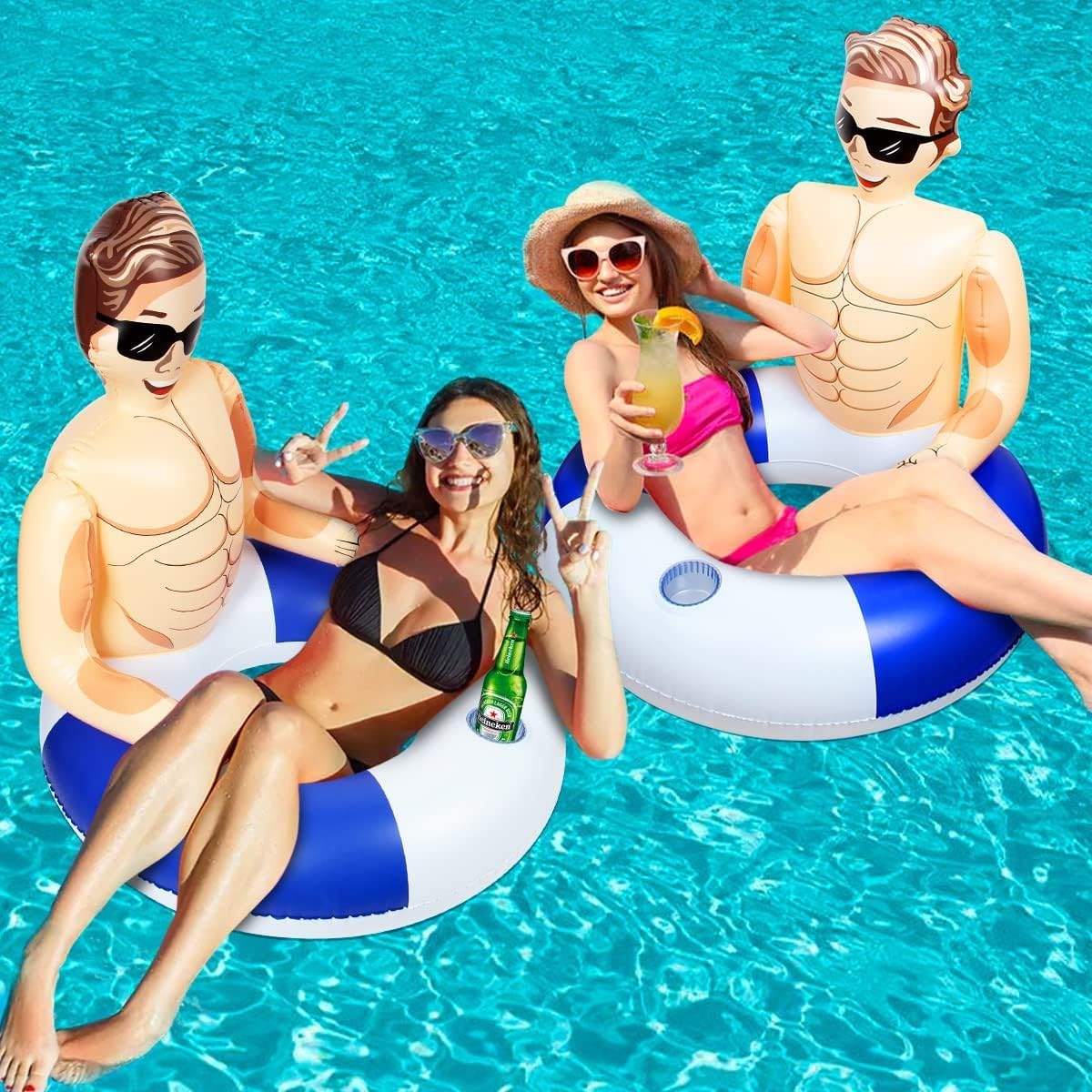 Bouée Piscine Gonflable Avec Porte-gobelet - Anneau Flotteur Support 150 Kg, Design Muscle, PVC Durable - 8