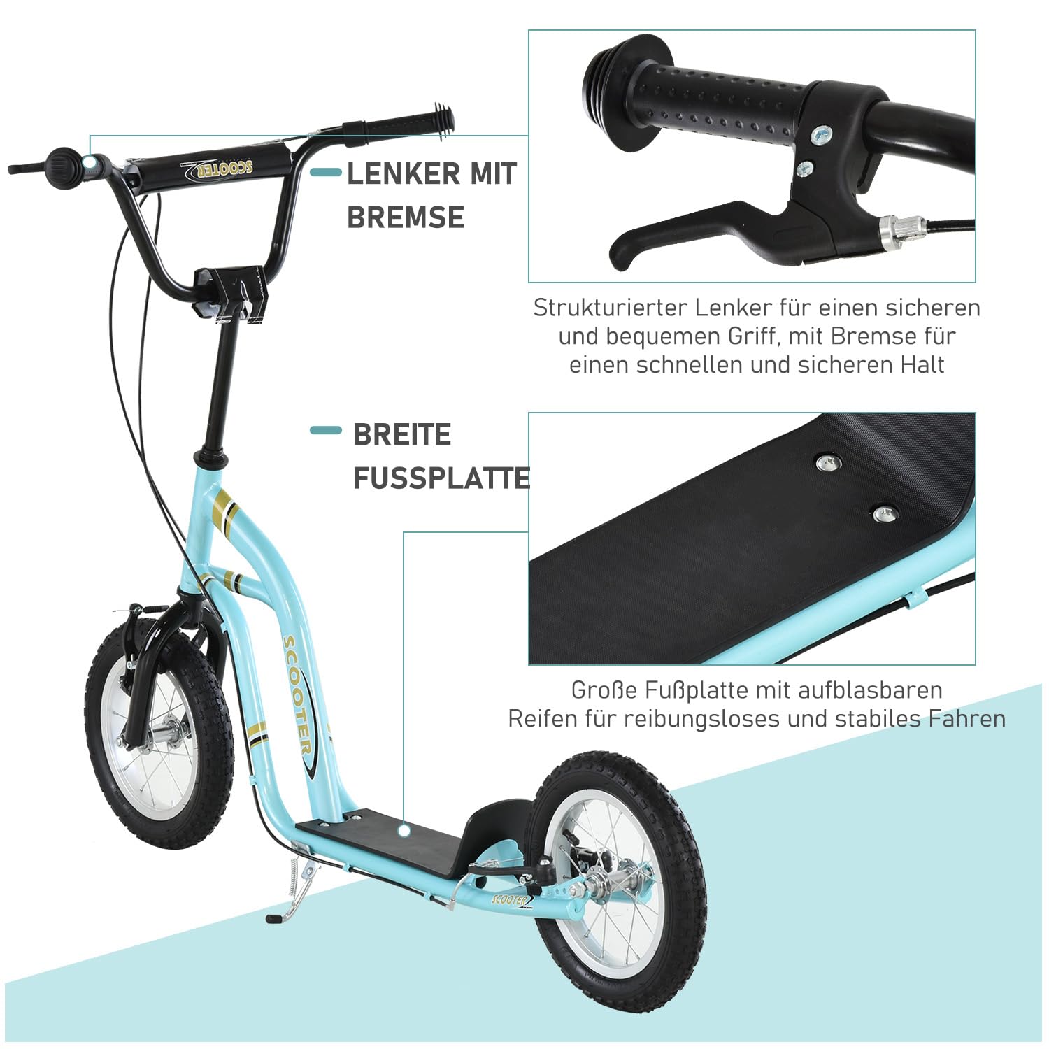 HOMCOM Kinderroller Höhenverstellbar mit 12 Zoll Luftreifen | Verstellbarer Lenker, Große Räder, Kickscooter Cityroller, für Jungen Mädchen ab 5 Jahre, bis 100 kg, Metall