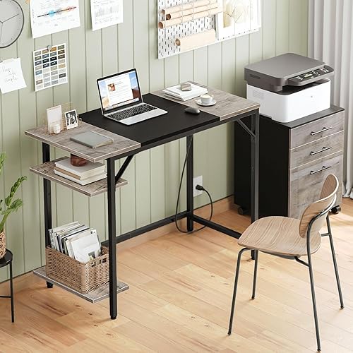 Miniatura 2 de HOOBRO Escritorio para computadora, escritorio de oficina en casa con toma de corriente, escritorio de escritura con 2 estantes, escritorio pequeño