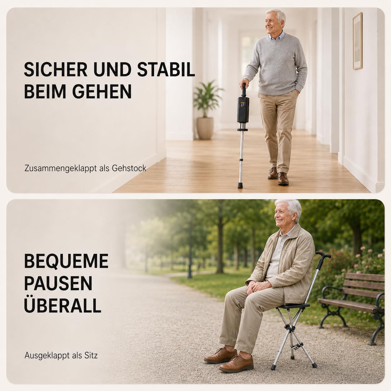 Faltbarer Gehstock mit Sitz, Aluminium Sitzstock bis 120 kg | Klapphocker für Wandern, Camping, Reisen und Schlange stehen