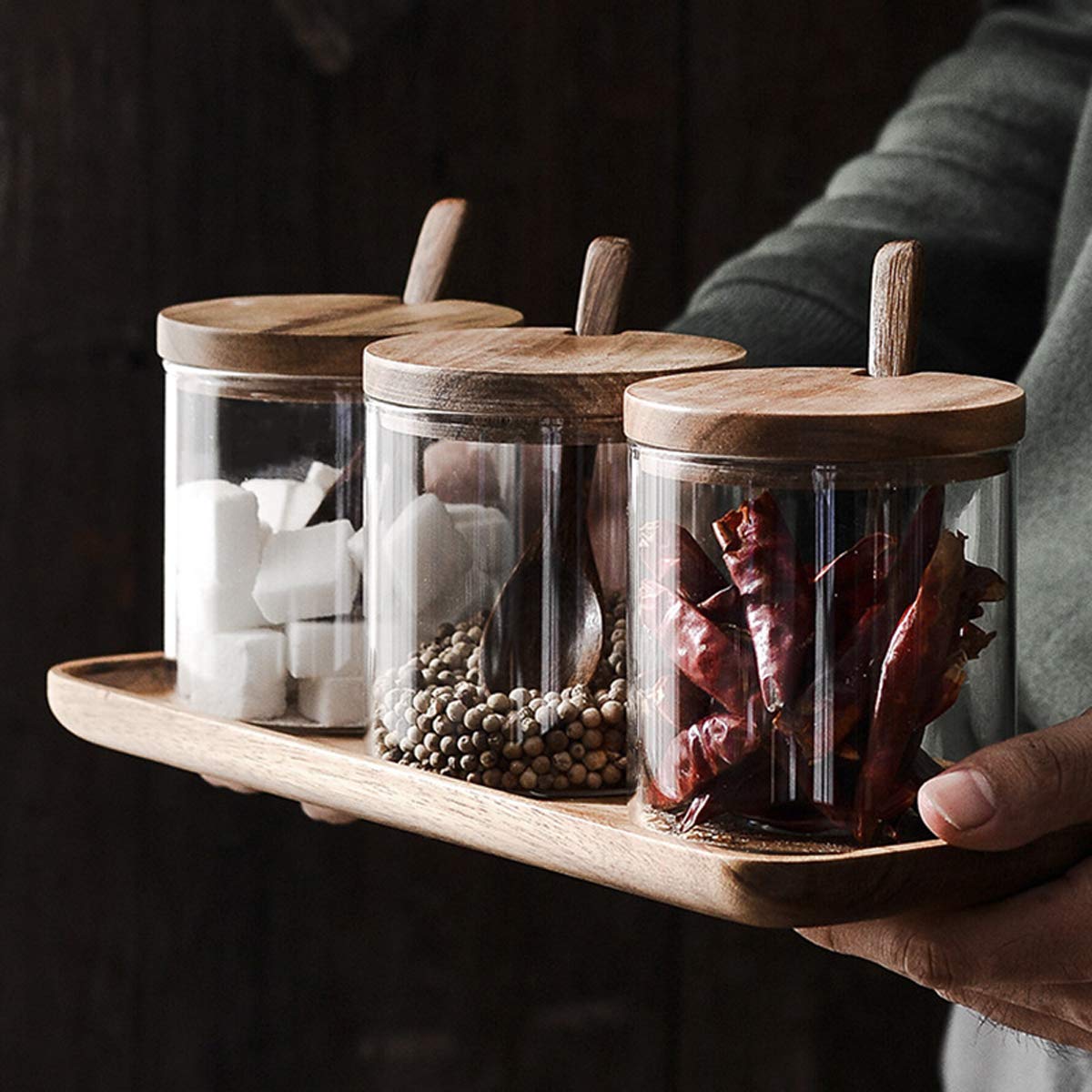 TentHome - Tarros de Especias de Cristal para Especias y 3 tarros de condimentos con cucharas de Madera