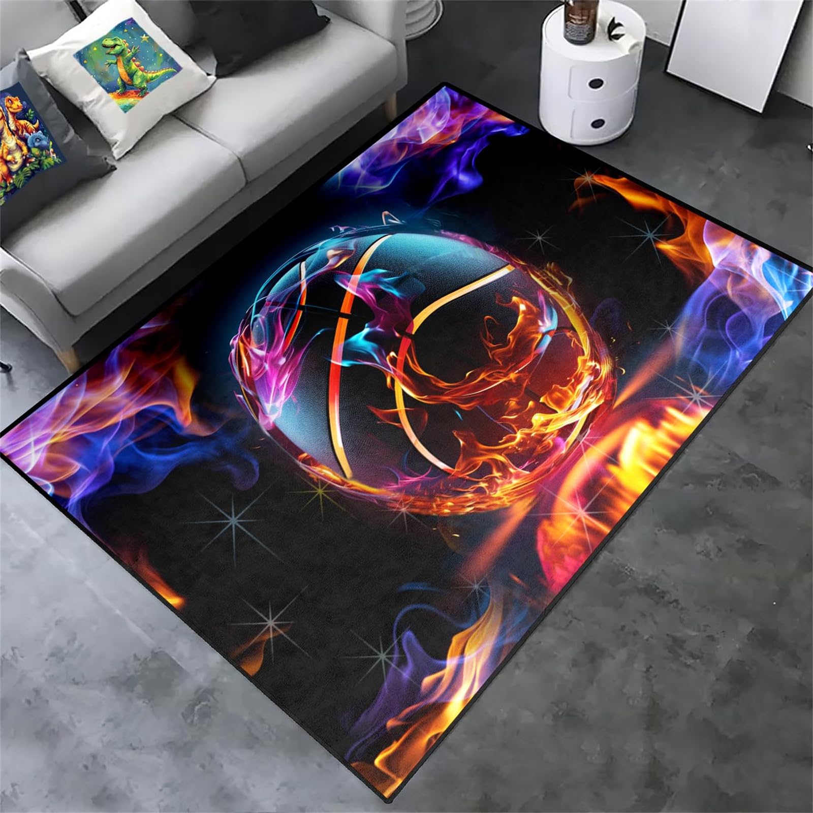 Basketball Rug for Boys Bedroom - Basketball Rug Sports Rug for Boys Room Colorful Basketball Carpet Basketball Rugs Door Mat Red and Blue Flame Printed Sports Carpet for Kids Playroom,2'5''×4'