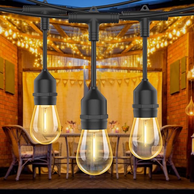 Bomcosy Festoon Lights Outdoor Mains Powered, S14 50FT Led Outdoor String Lights, Warm White 2700K, Waterproof IP65, Great Garden Terrace Patio Outside Lights