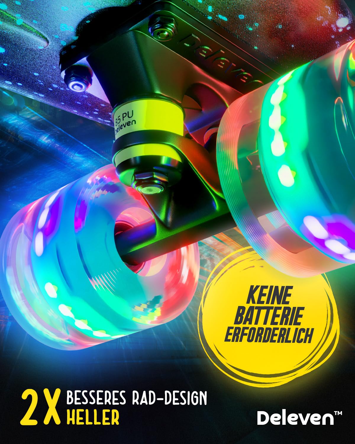 Deleven Skateboard mit LED Rollen, Skate Tool und ABEC 7 Lager - Kinder Erwachsene Anfänger - 56 cm