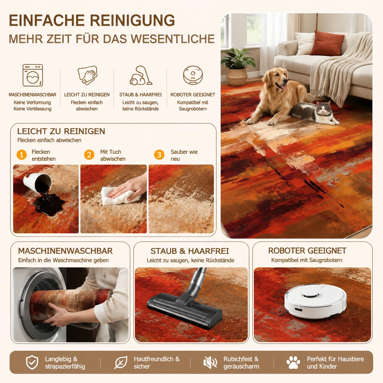 Waschbarer Teppich Wohnzimmer 160x230cm Orange Teppich Kurzflor Moderner Weicher Rugs for Living Room Schlafzimmer Esszimmer Jugendzimmer Kinderzimmer (Braun Orange Rot)
