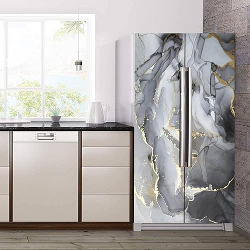 Miniatura 3 de Juego de envoltura de vinilo autoadhesivo para refrigerador, textura de papel de tinta de mármol, mural de puerta negra y plateada, calcomanía